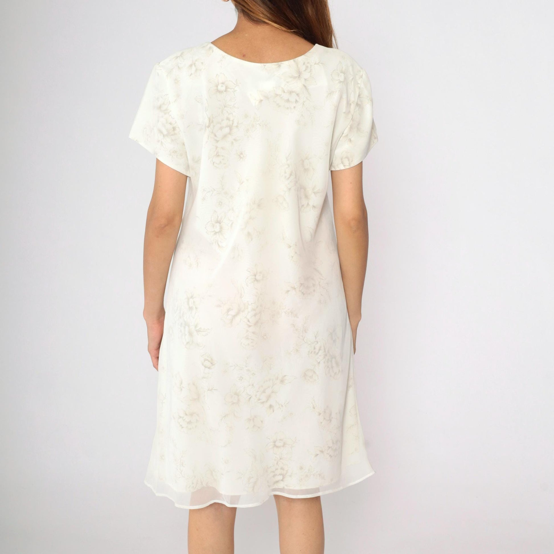 90s Jessica Howard Floral Mini Dress Cream Chiffon Shift Short Sleeve Large