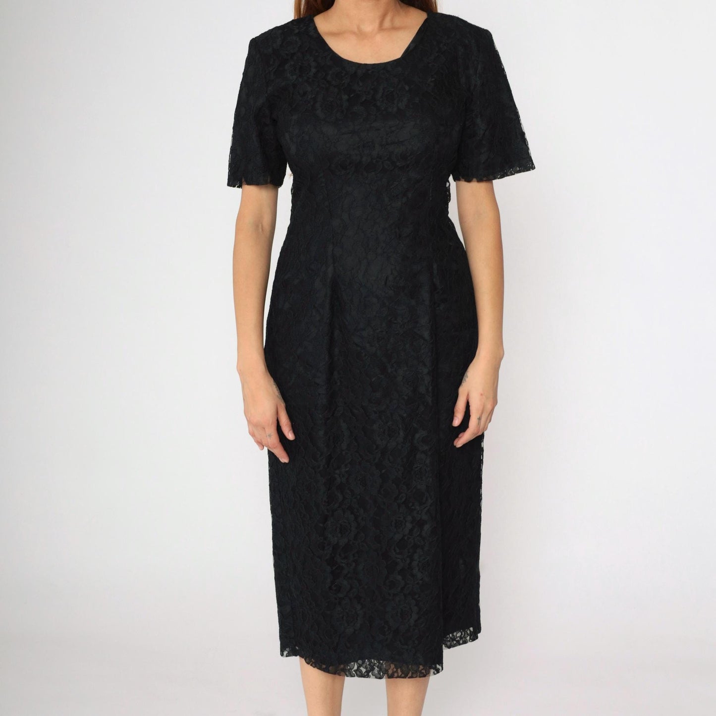 90s Black Lace Midi Dress Sheath Corset Lace-Up Back Short Sleeve Medium