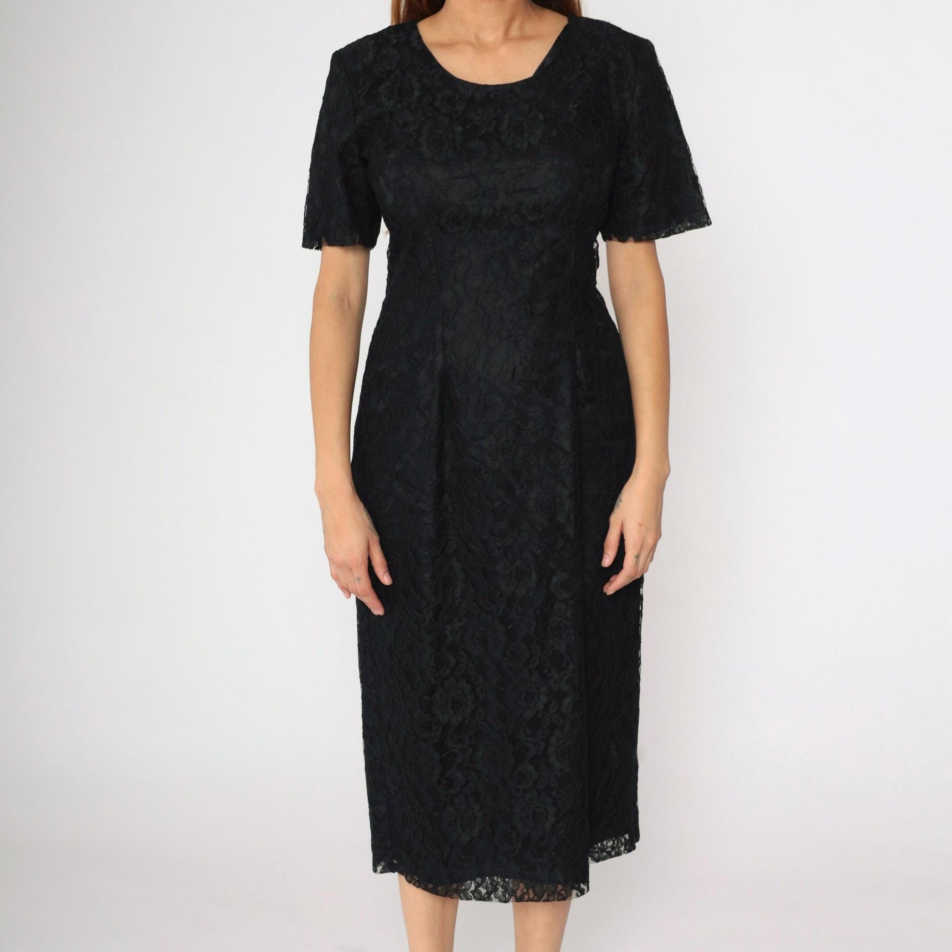 90s Black Lace Midi Dress Sheath Corset Lace-Up Back Short Sleeve Medium