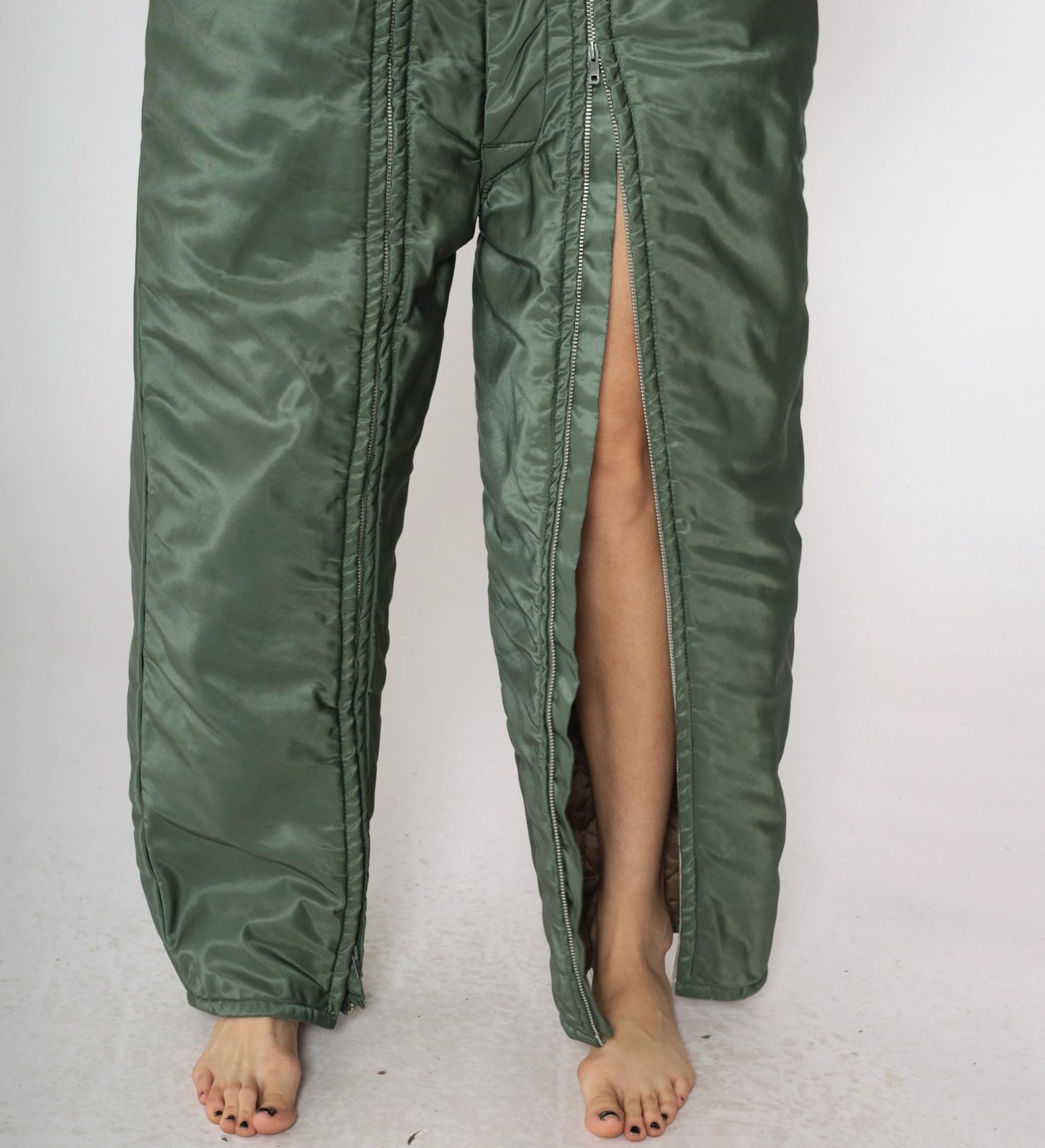 80s Green Nylon Ski Suit Brown Corduroy Collar Quilted Snowsuit Medium