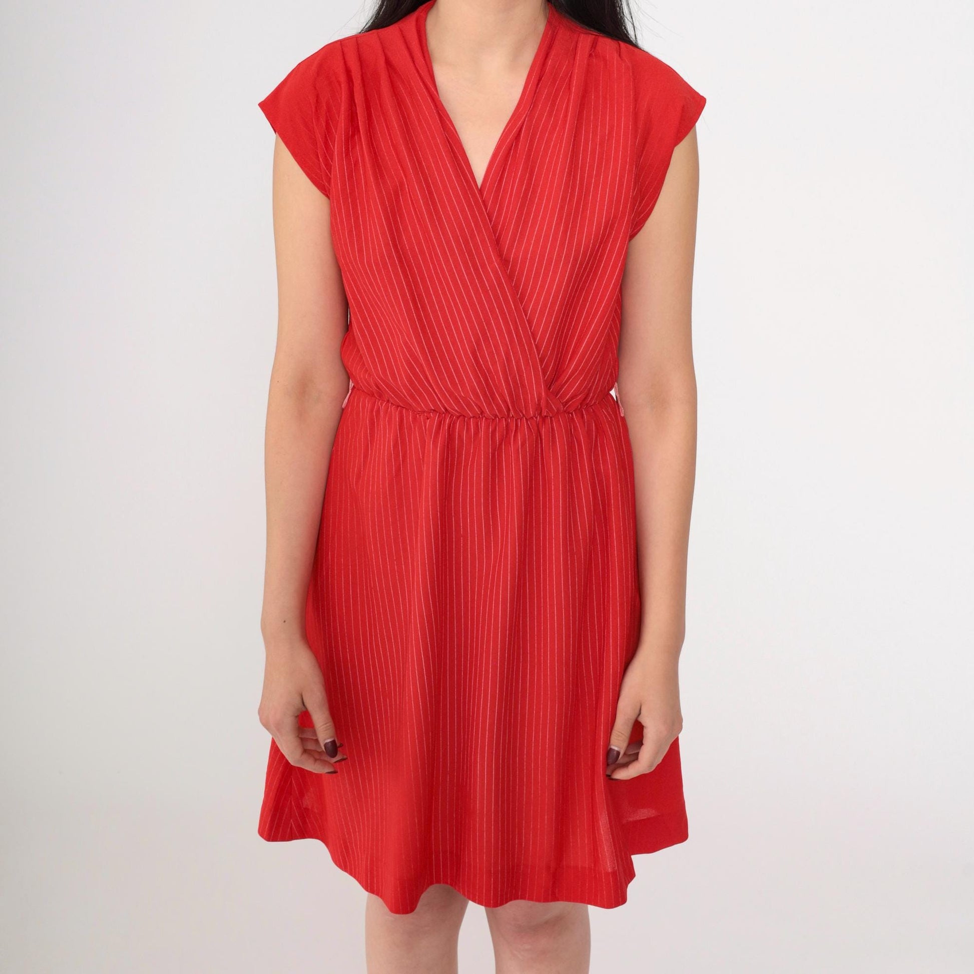 70s Red Striped Wrap Dress V Neck Mini Elastic Waist Cap Sleeve Small