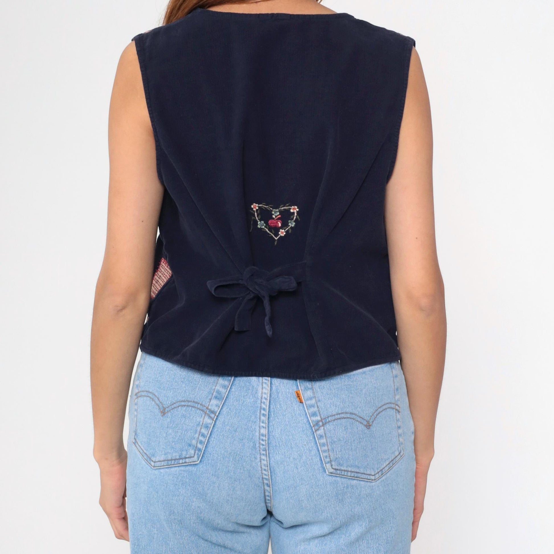 90s Navy Corduroy Patchwork Vest Button-Up Sleeveless Medium