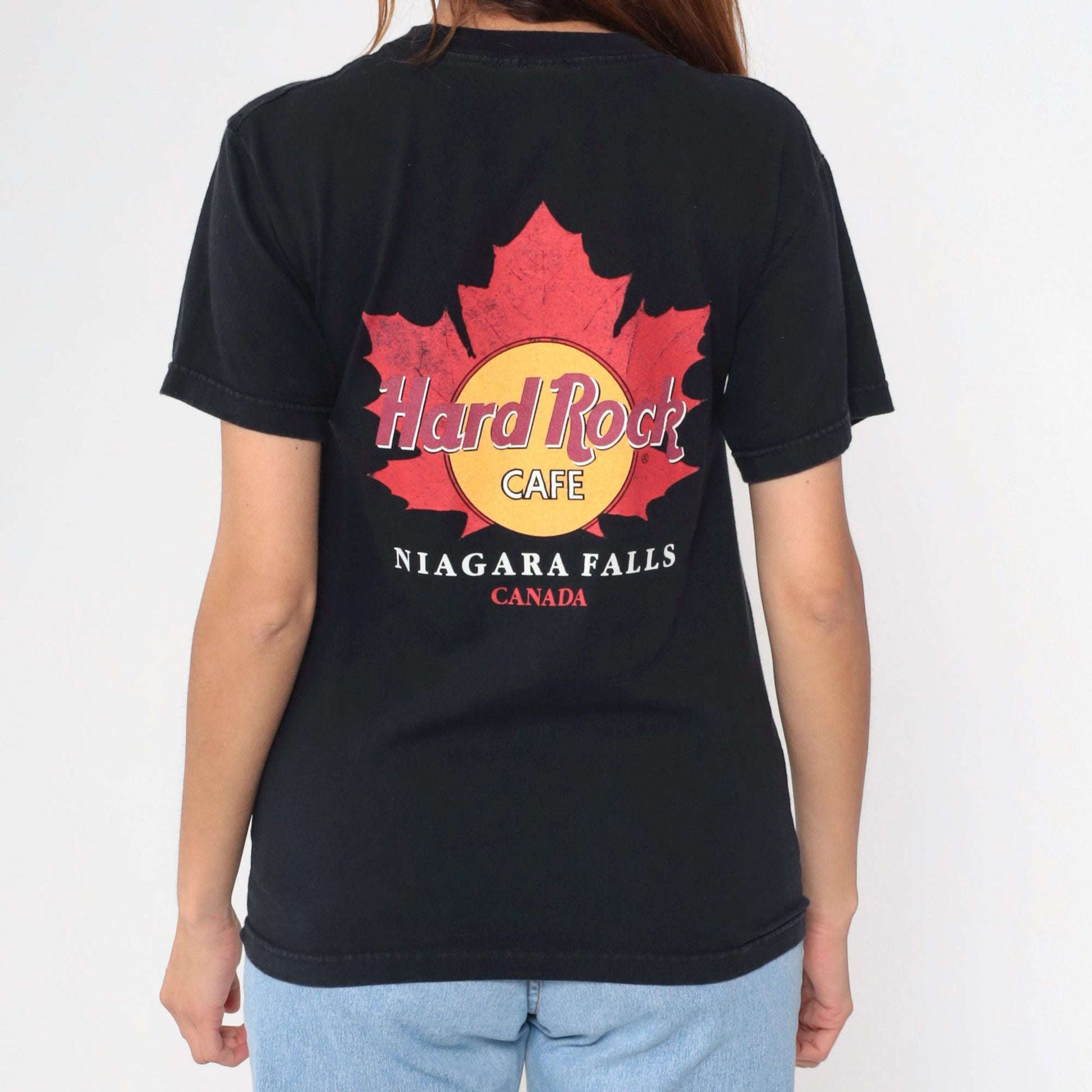 90s Hard Rock Cafe Niagara Falls Maple Leaf Graphic T-Shirt Black Small