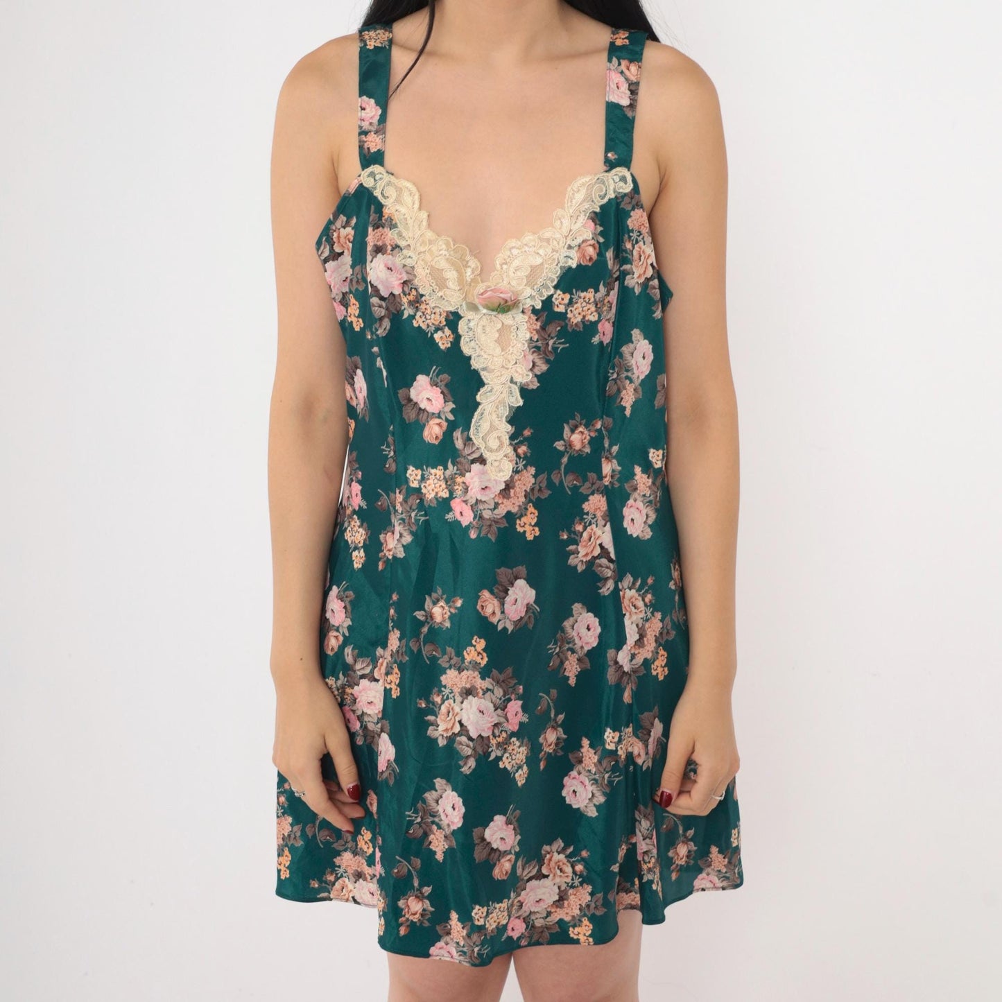 90s Green Floral Satin Slip Dress Pink Rosette Lace Trim Mini V-Neck Medium
