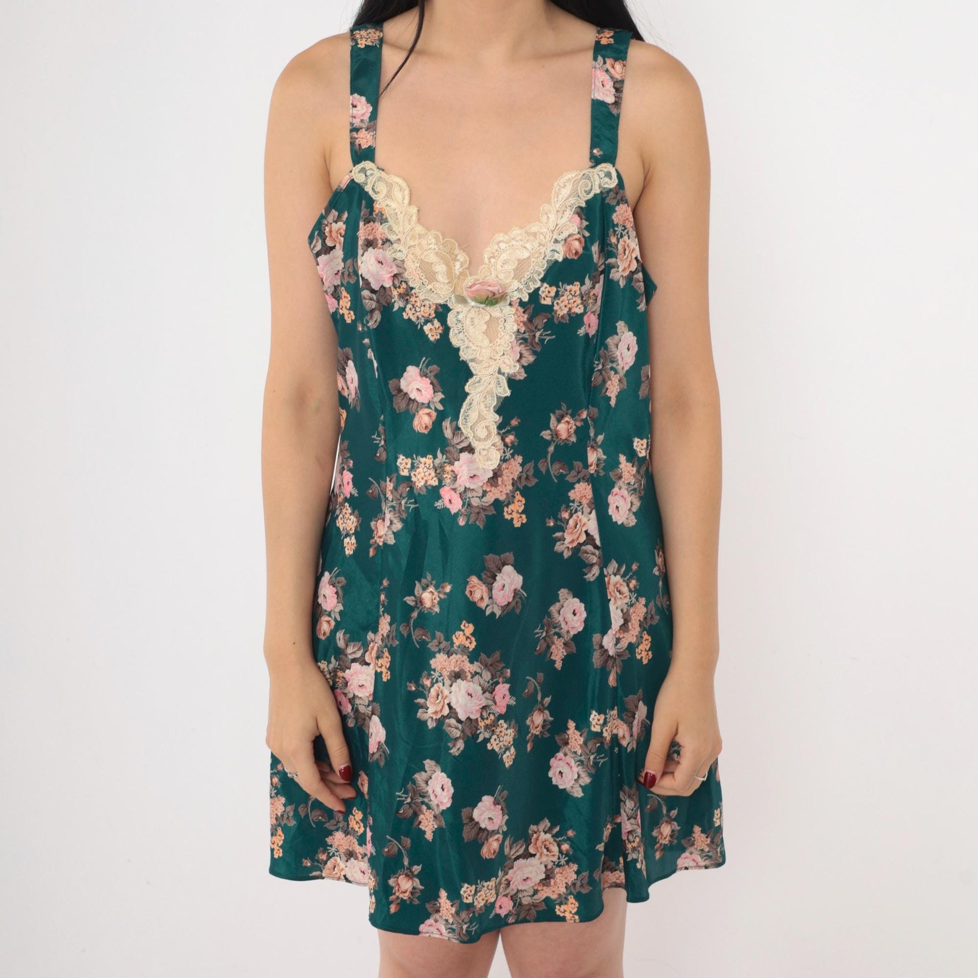90s Green Floral Satin Slip Dress Pink Rosette Lace Trim Mini V-Neck Medium