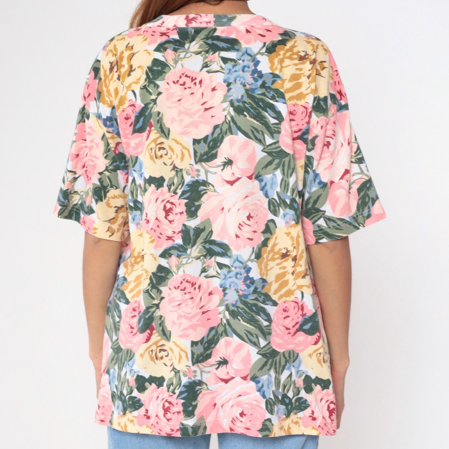 90s Express Tricot Floral T-Shirt Pink Rose Yellow Blue V-Neck Large L