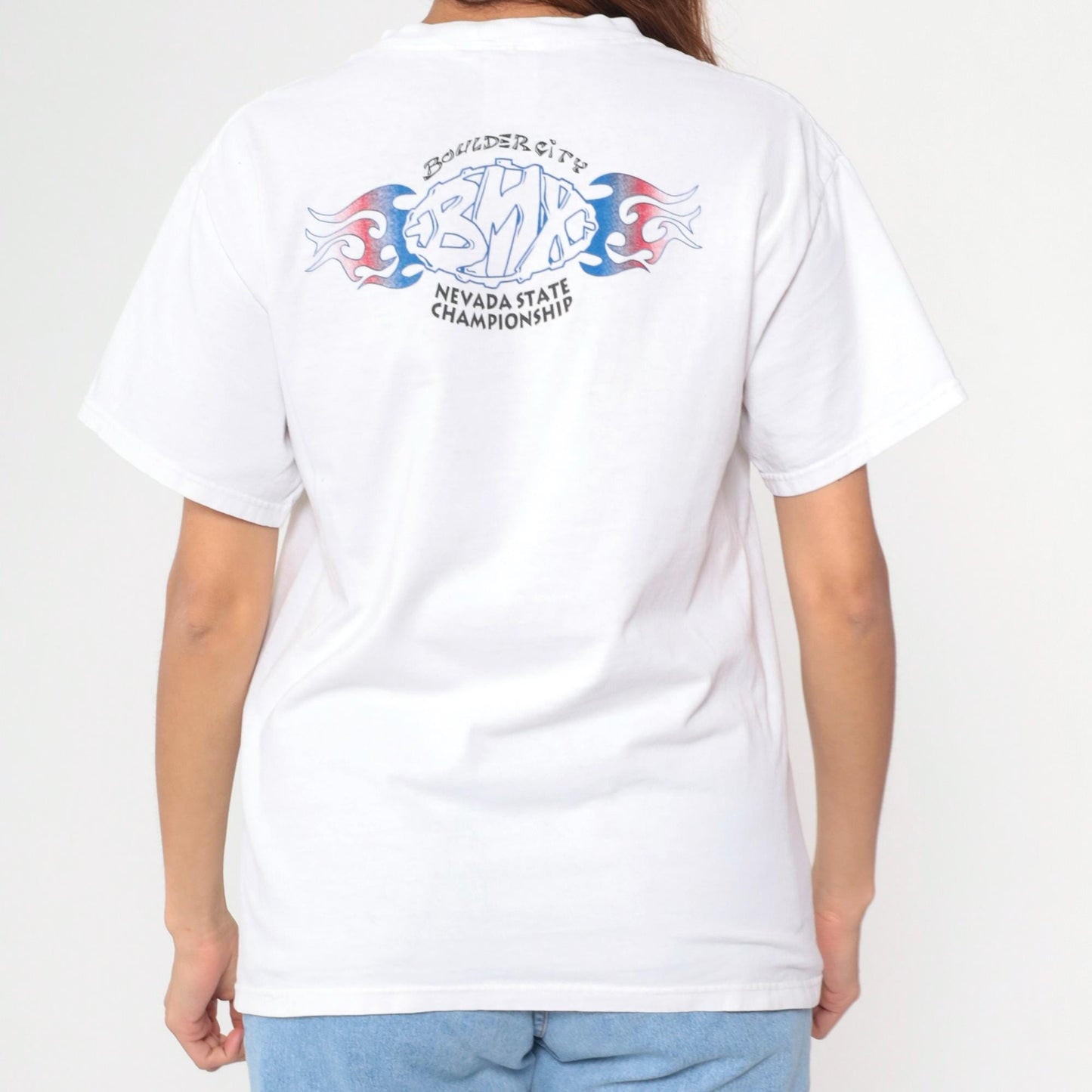 90s Boulder City BMX Nevada Championship T-Shirt White Flames Graphic Small