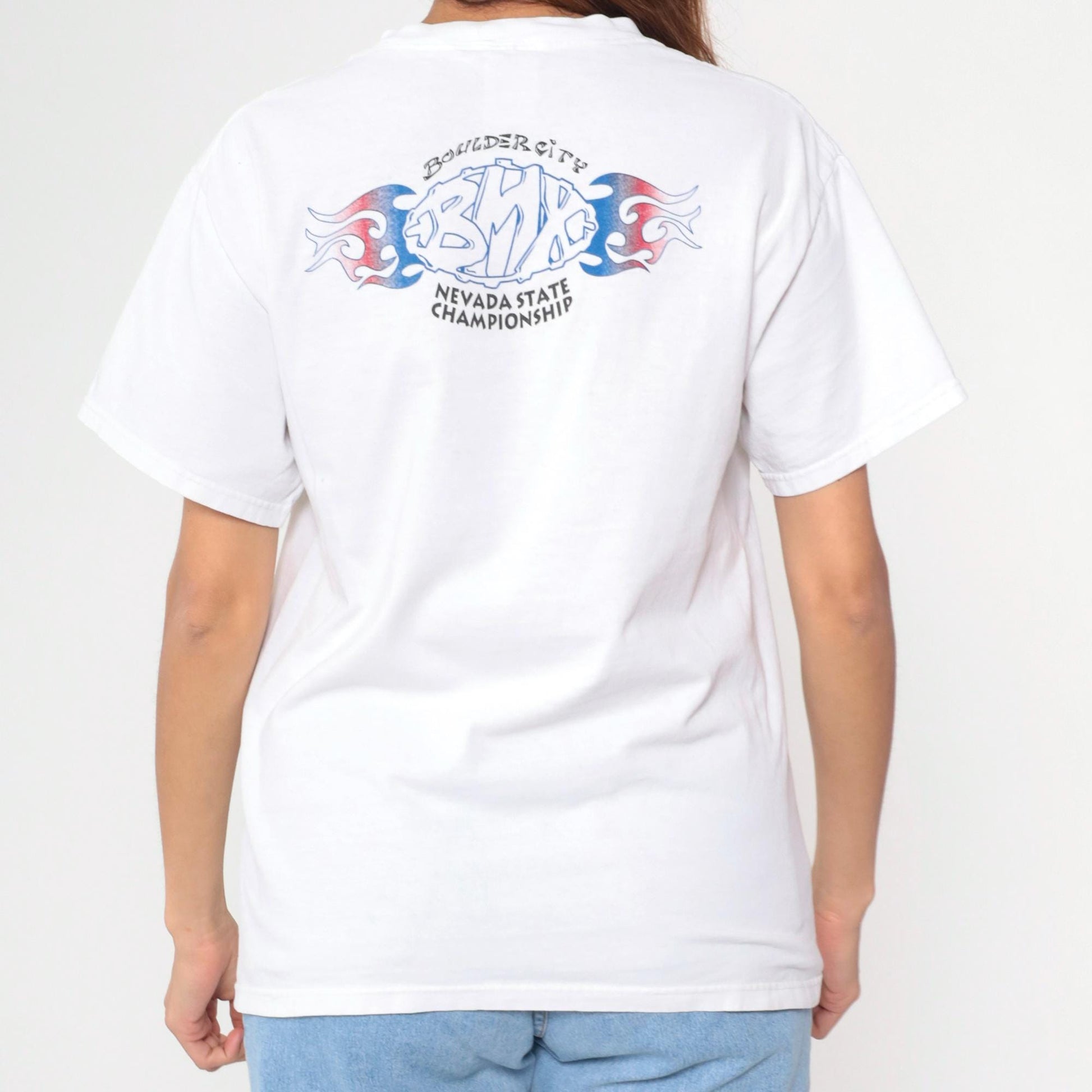 90s Boulder City BMX Nevada Championship T-Shirt White Flames Graphic Small