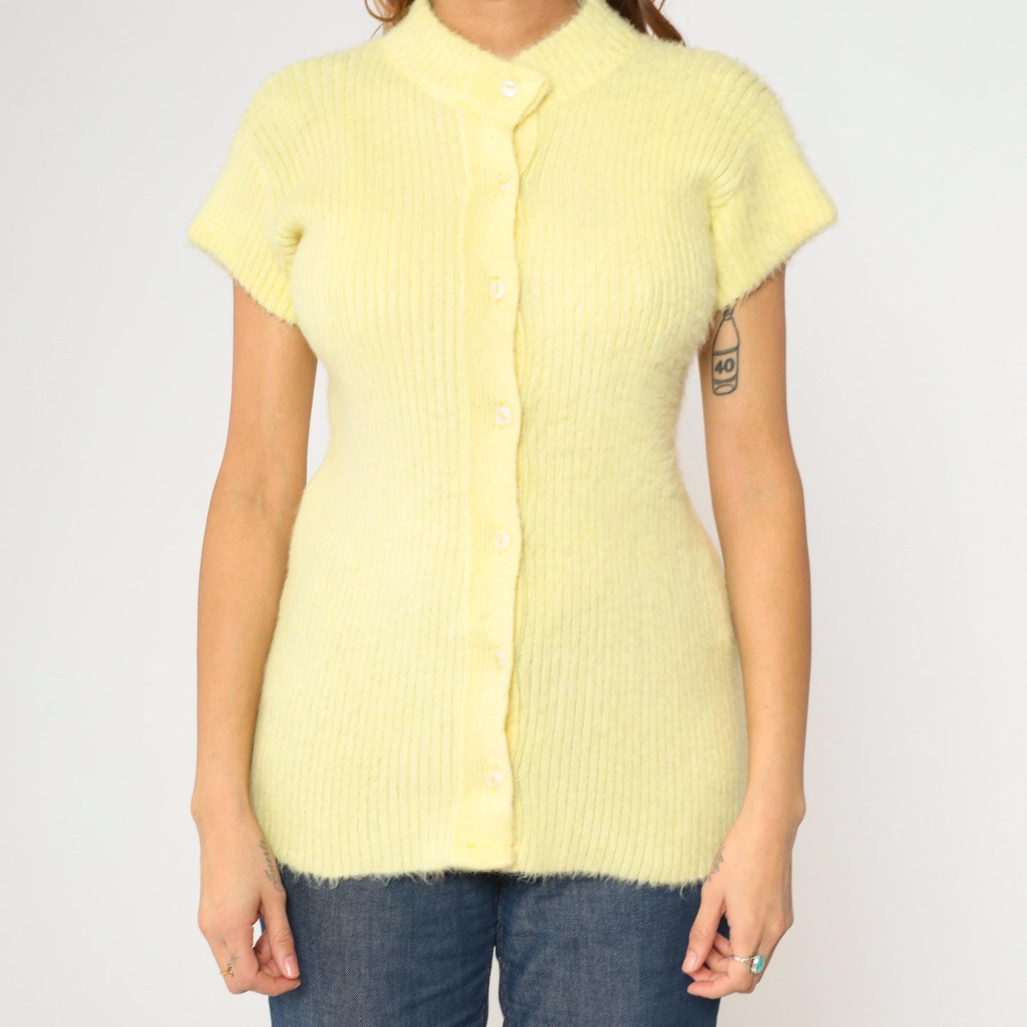 60s Light Yellow Fuzzy Knit Cardigan Short Sleeve Button Up Small S