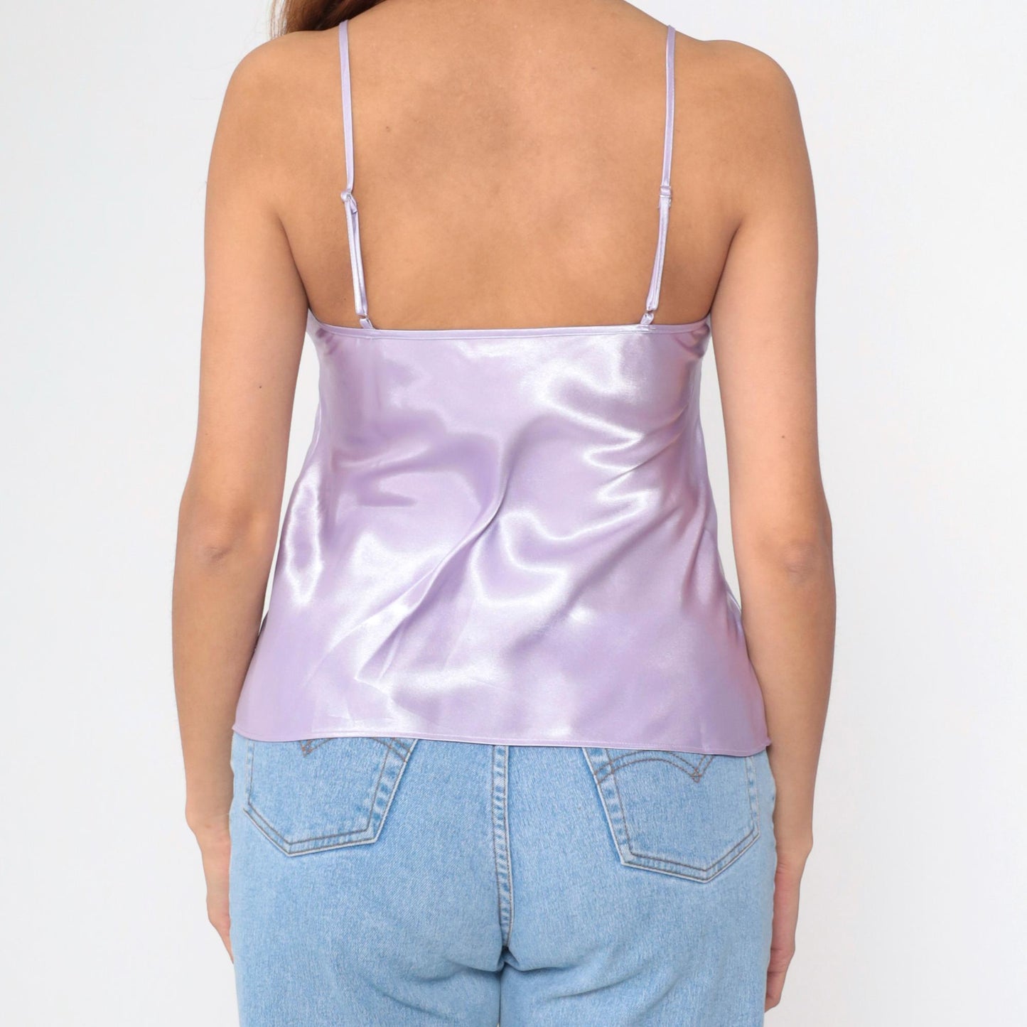 90s Lavender Satin Camisole Floral Embroidered Mesh Spaghetti Strap Medium