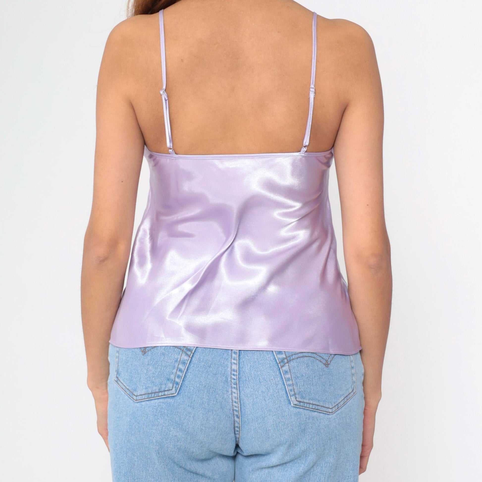 90s Lavender Satin Camisole Floral Embroidered Mesh Spaghetti Strap Medium