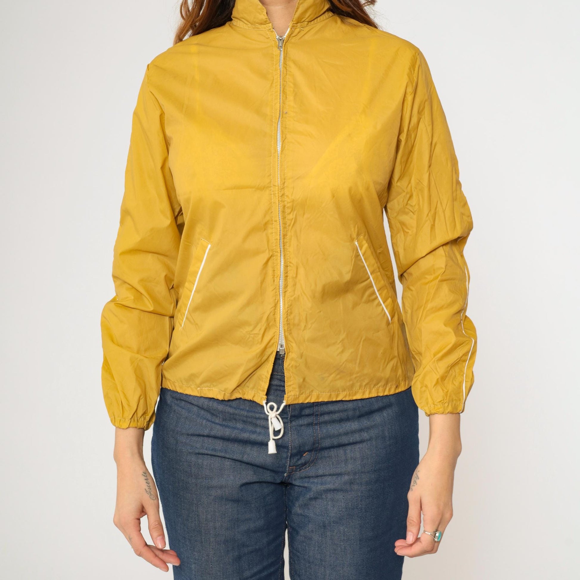 70s Mustard Yellow Windbreaker Jacket Zip Up White Trim Extra Small