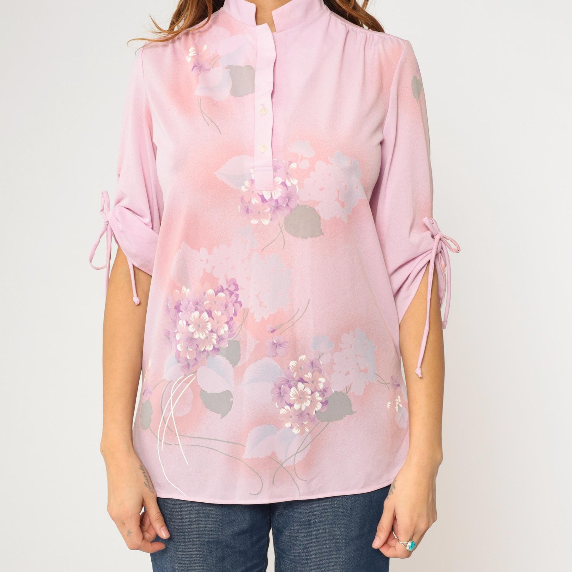 70s Lavender Pink Floral Mandarin Collar Blouse Tunic Small S