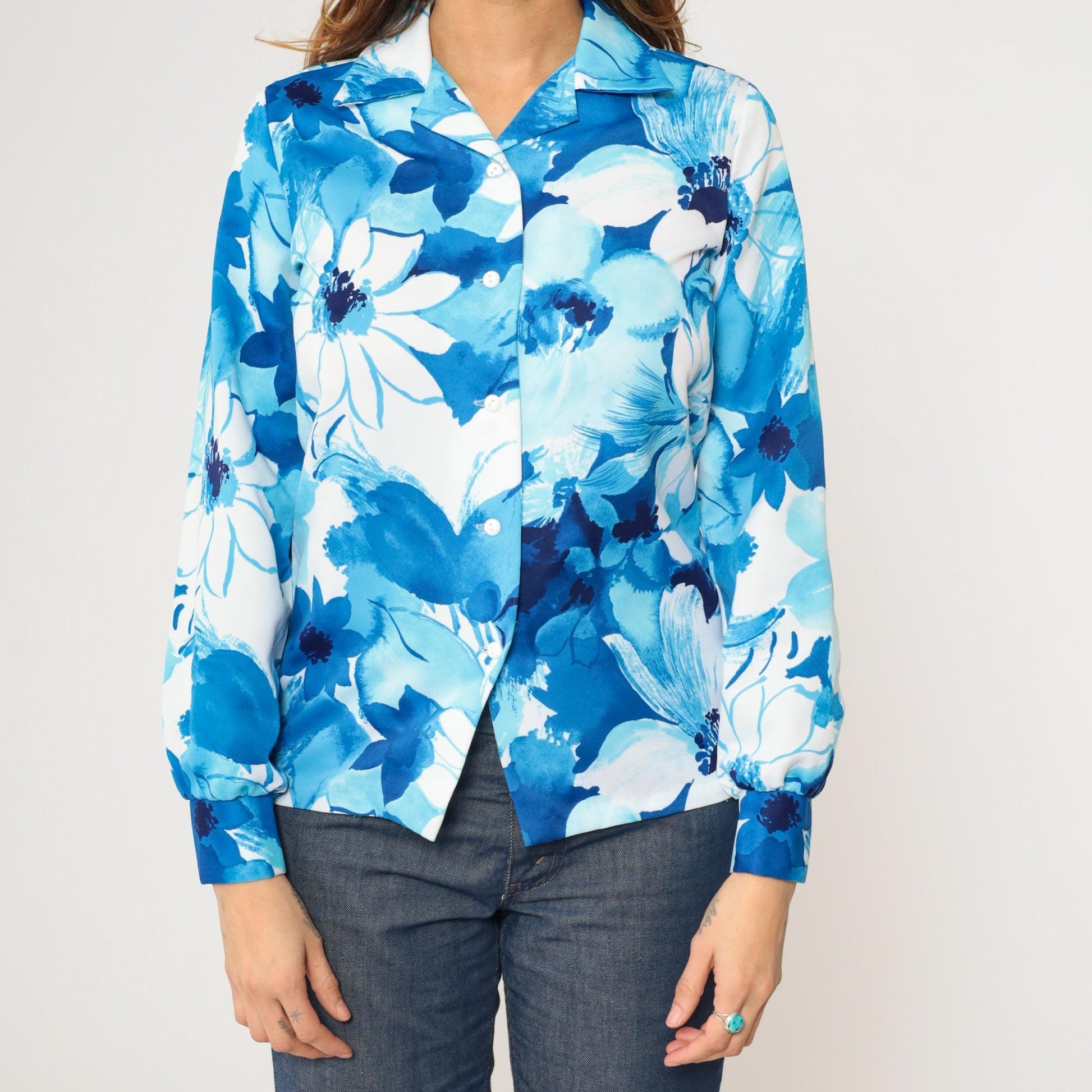 70s Kamehameha Floral Button-Up Blouse Blue White Long Sleeve Small