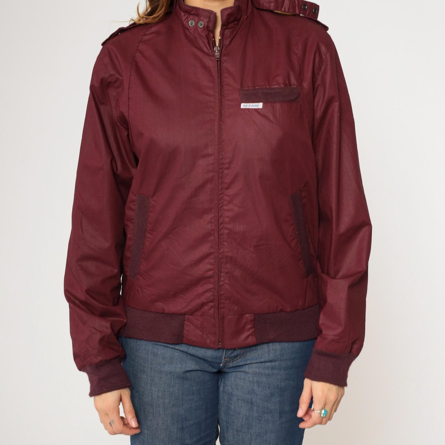 80s Burgundy Windbreaker Jacket 9 to 5 Clock Graphic Epaulette Zip-Up Small