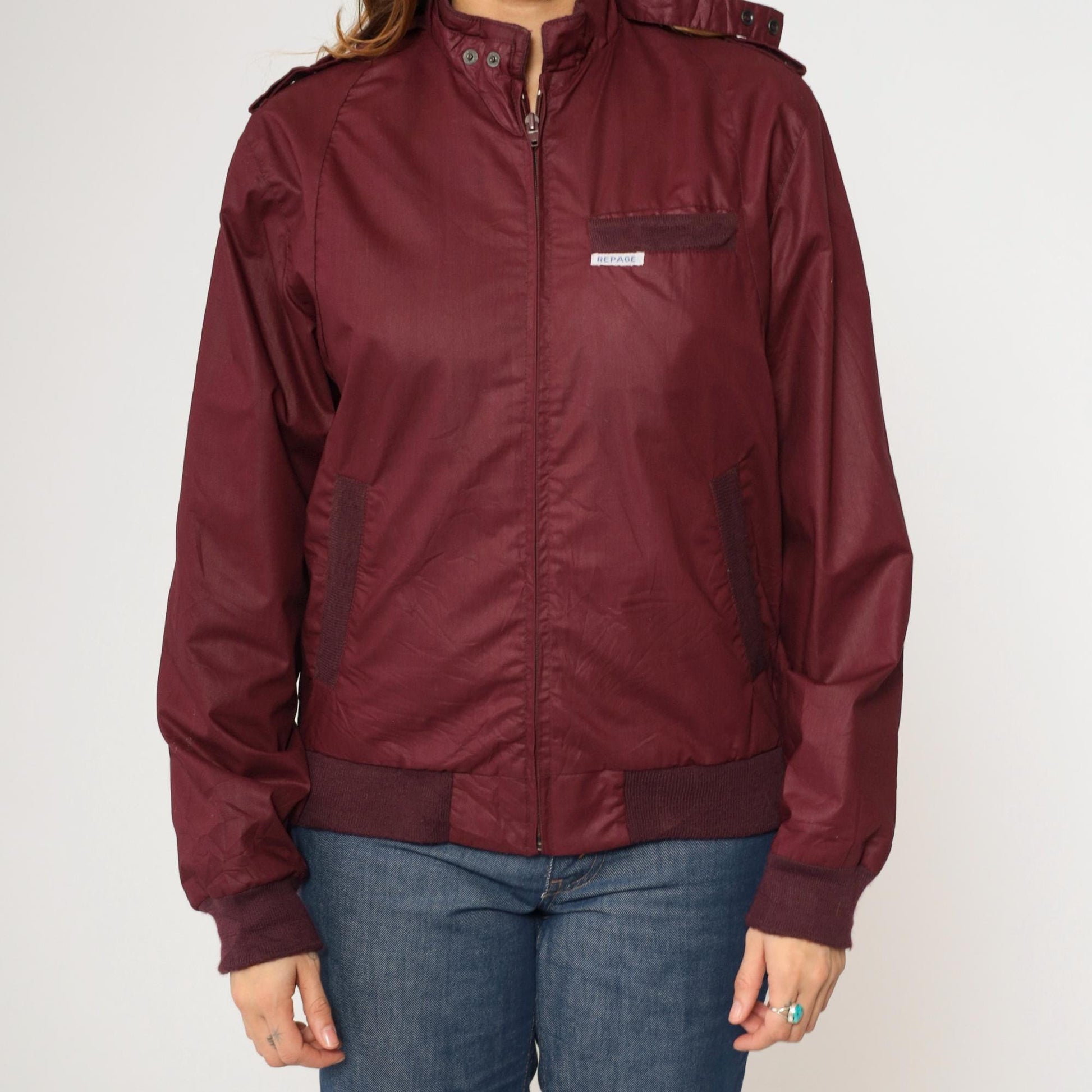 80s Burgundy Windbreaker Jacket 9 to 5 Clock Graphic Epaulette Zip-Up Small