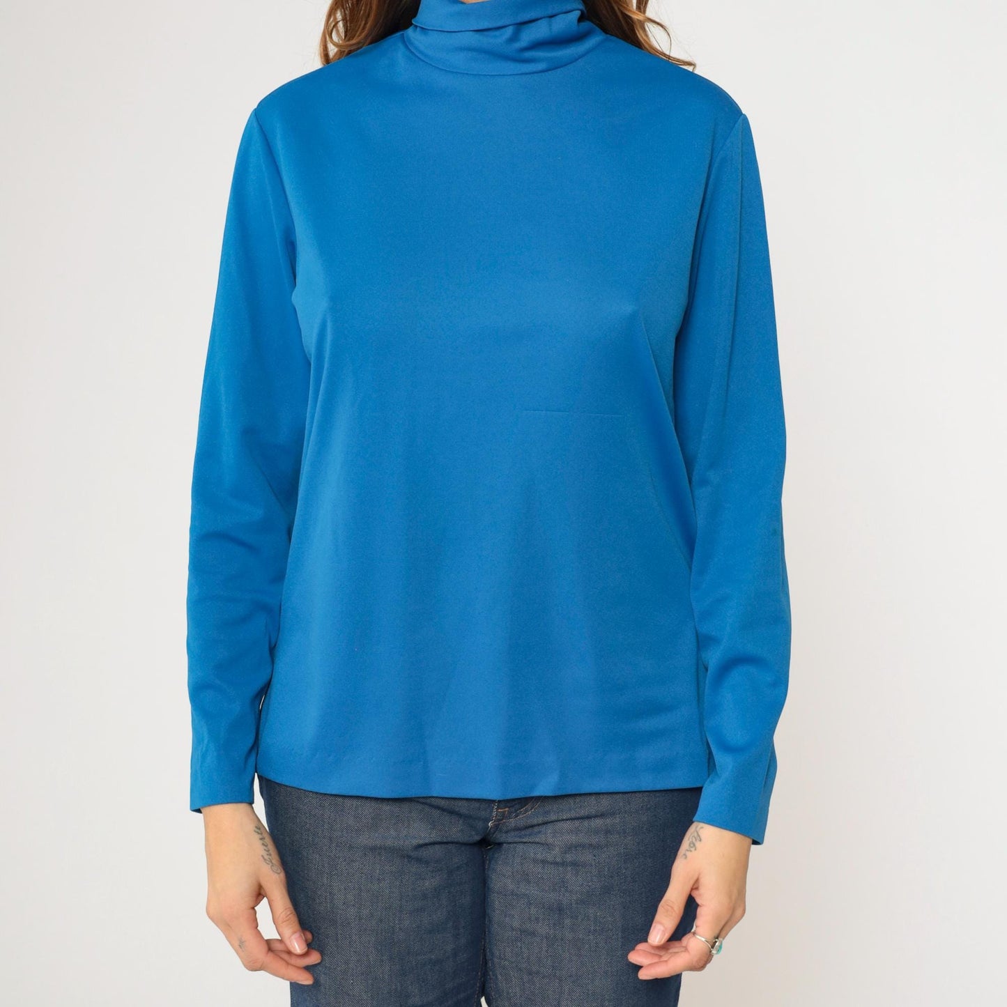 70s Bright Blue Turtleneck Long Sleeve Polyester Shirt Medium