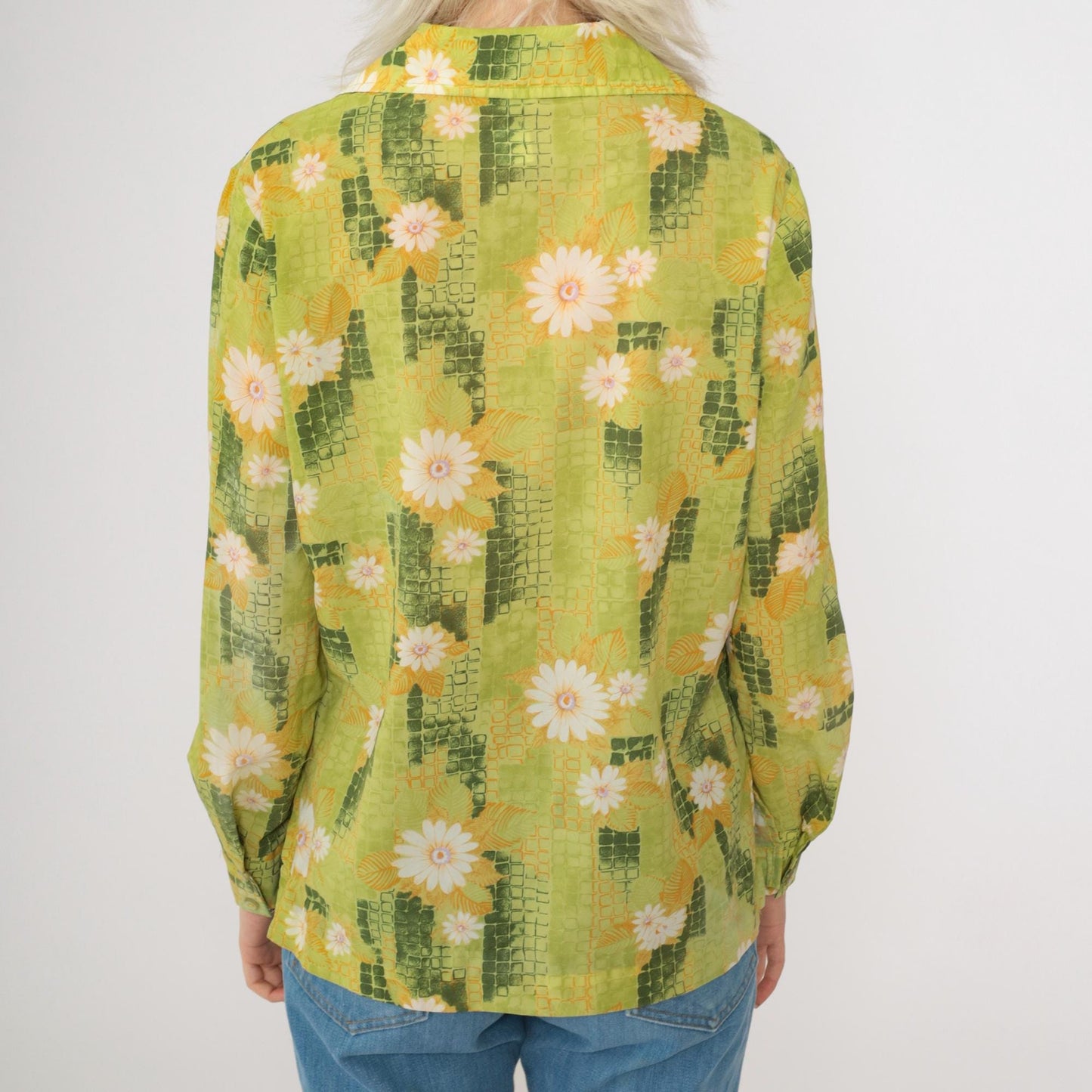 70s Green Floral Button-Up Blouse Dagger Collar Long Sleeve Medium