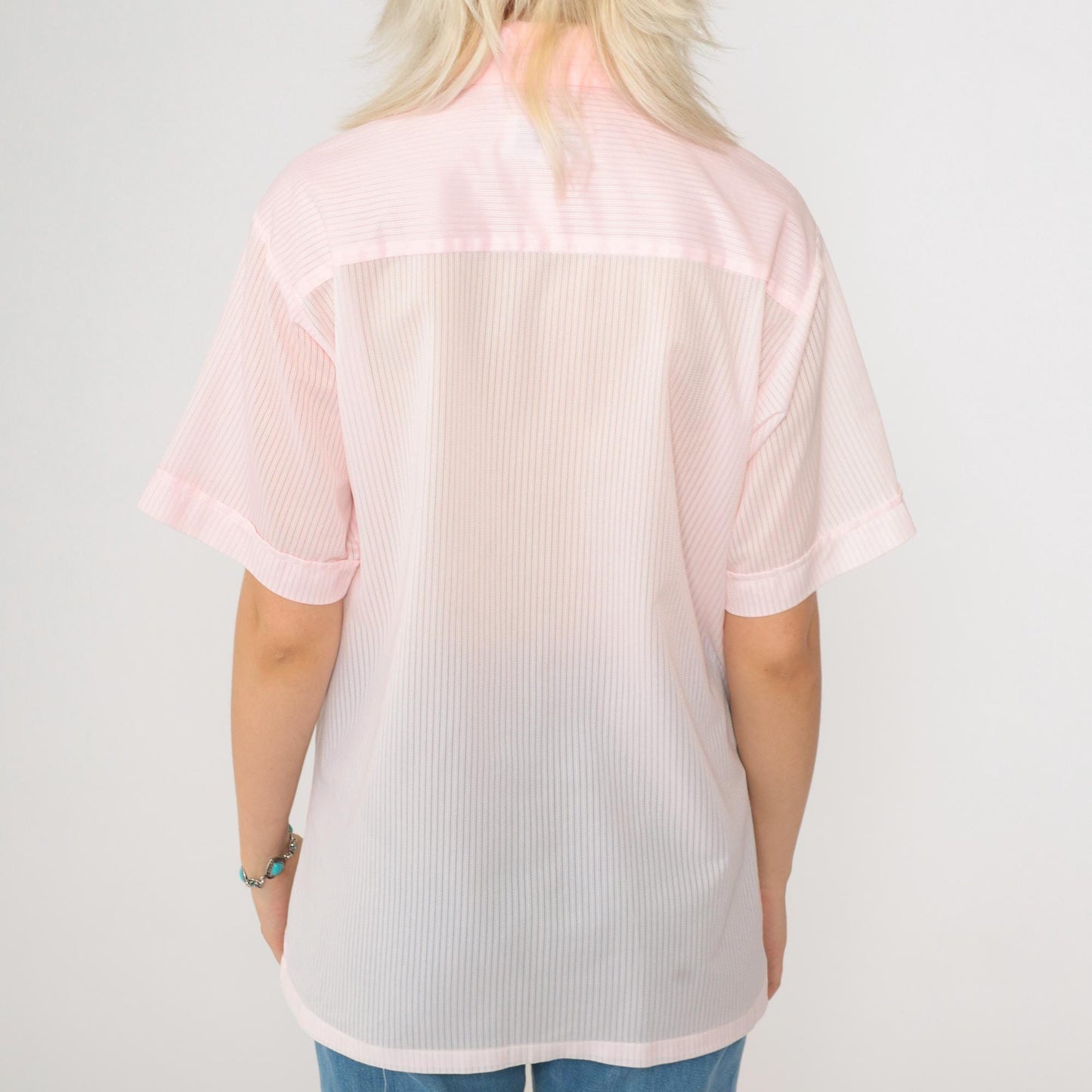 70s Sea-Aire Baby Pink Striped Button-Up Shirt Short Sleeve Men's Medium