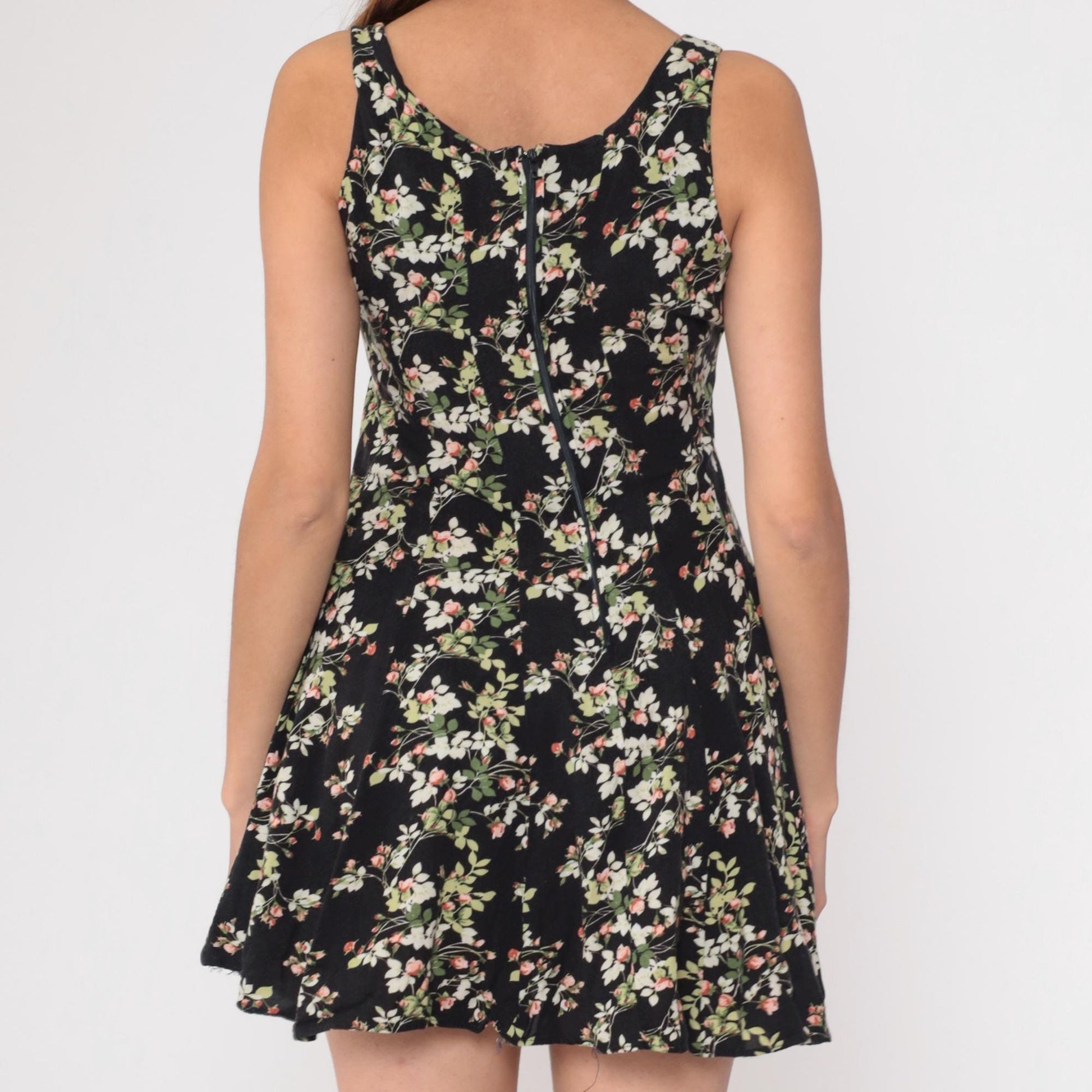 90s Black Floral Mini Dress Sleeveless A-Line Rayon Sundress Small