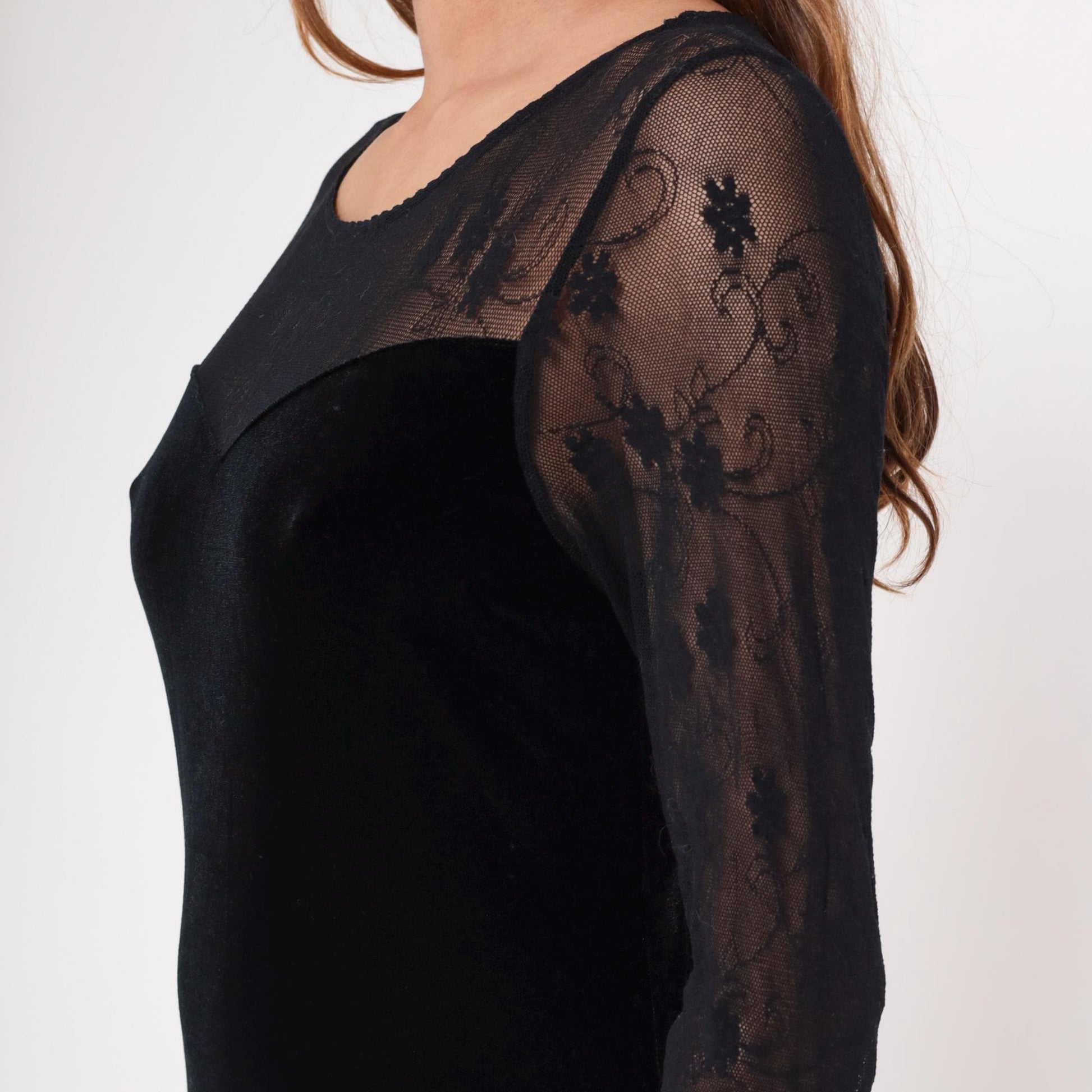90s Black Velvet Bodycon Midi Dress Lace Illusion Neckline Large L