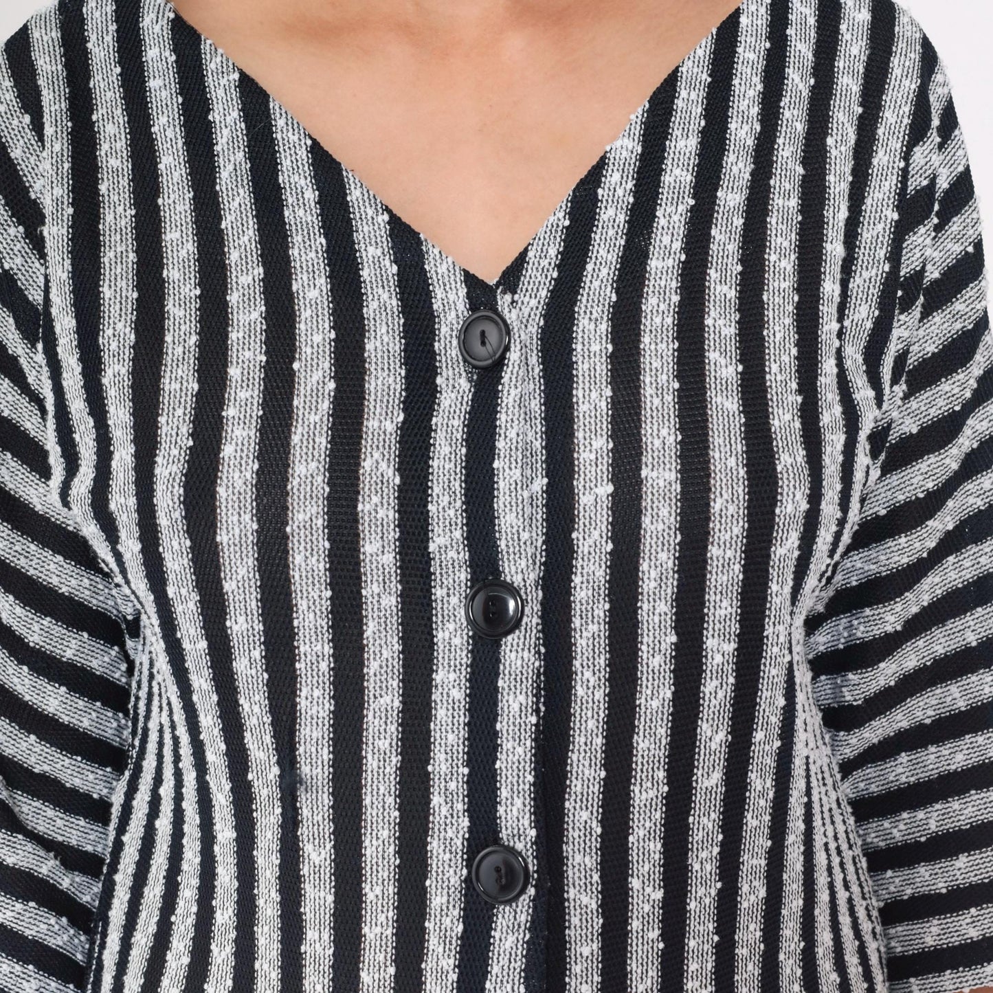 90s Black White Striped Knit Midi Shirtdress Dolman Sleeve V Neck Medium