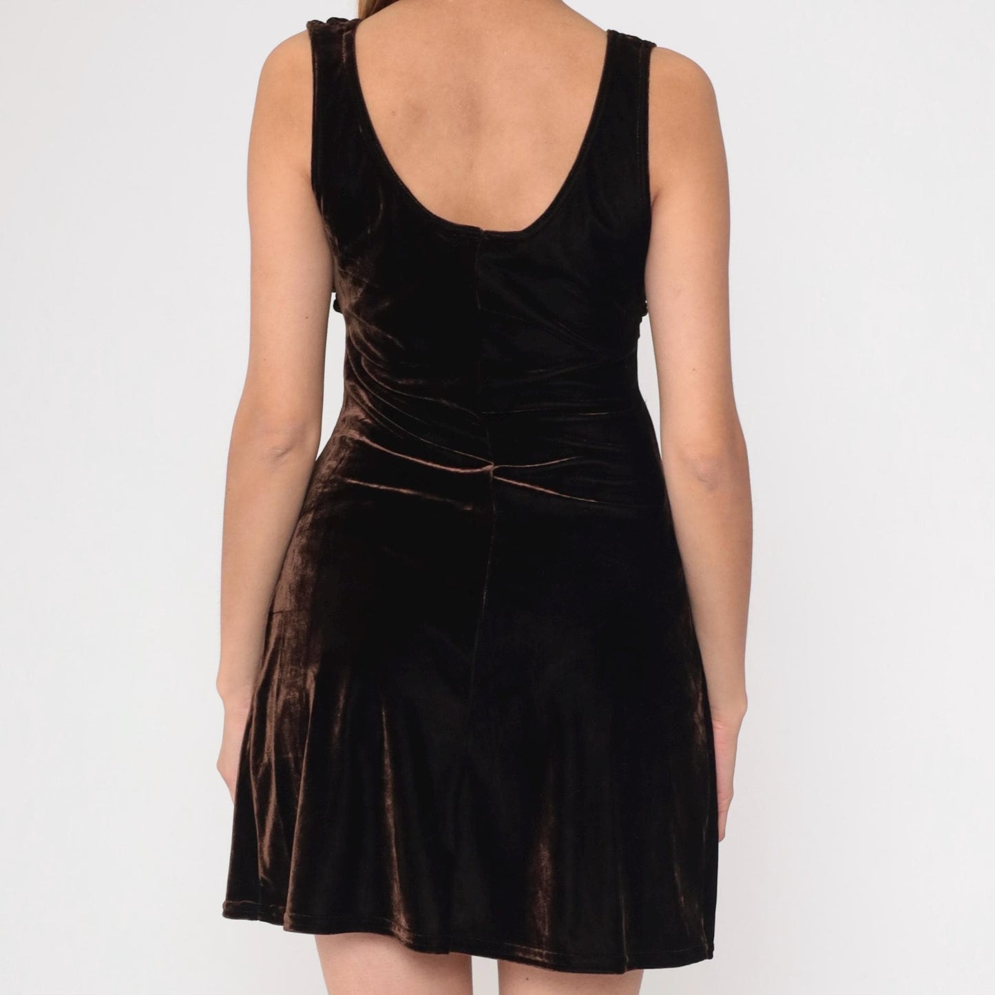90s Brown Velvet Mini Dress Embroidered Ribbon Bow Sleeveless Medium