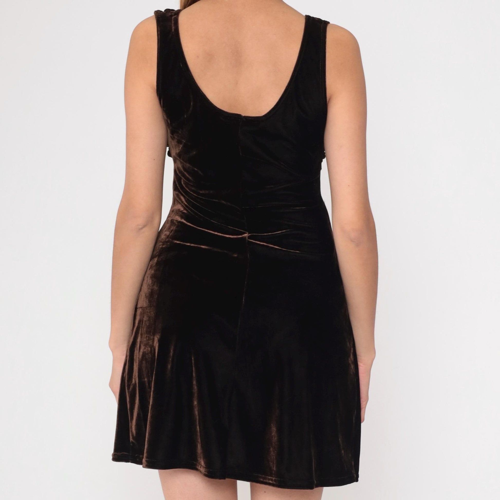 90s Brown Velvet Mini Dress Embroidered Ribbon Bow Sleeveless Medium