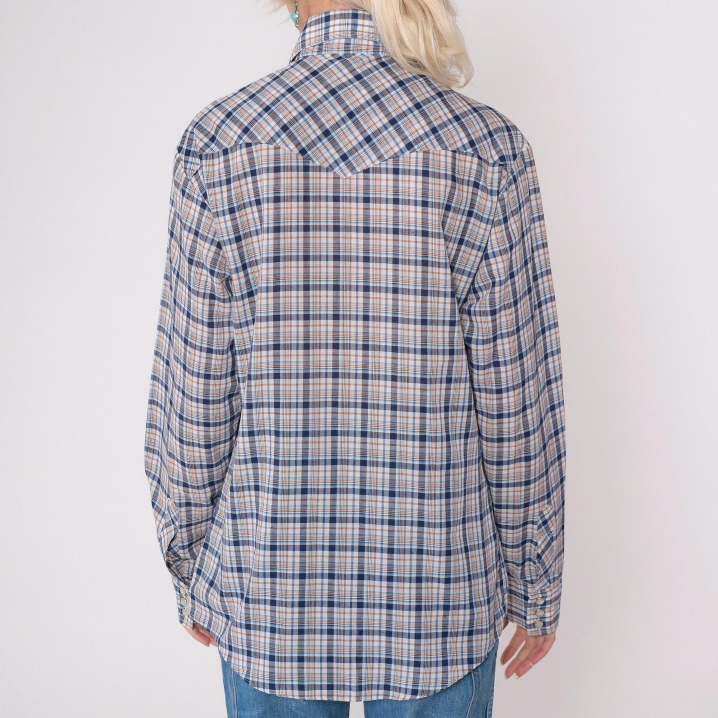 80s Saturdays in California Western Shirt Plaid Pearl Snap Blue White Medium