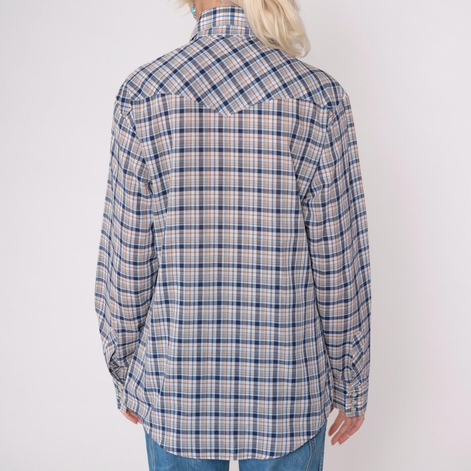 80s Saturdays in California Western Shirt Plaid Pearl Snap Blue White Medium