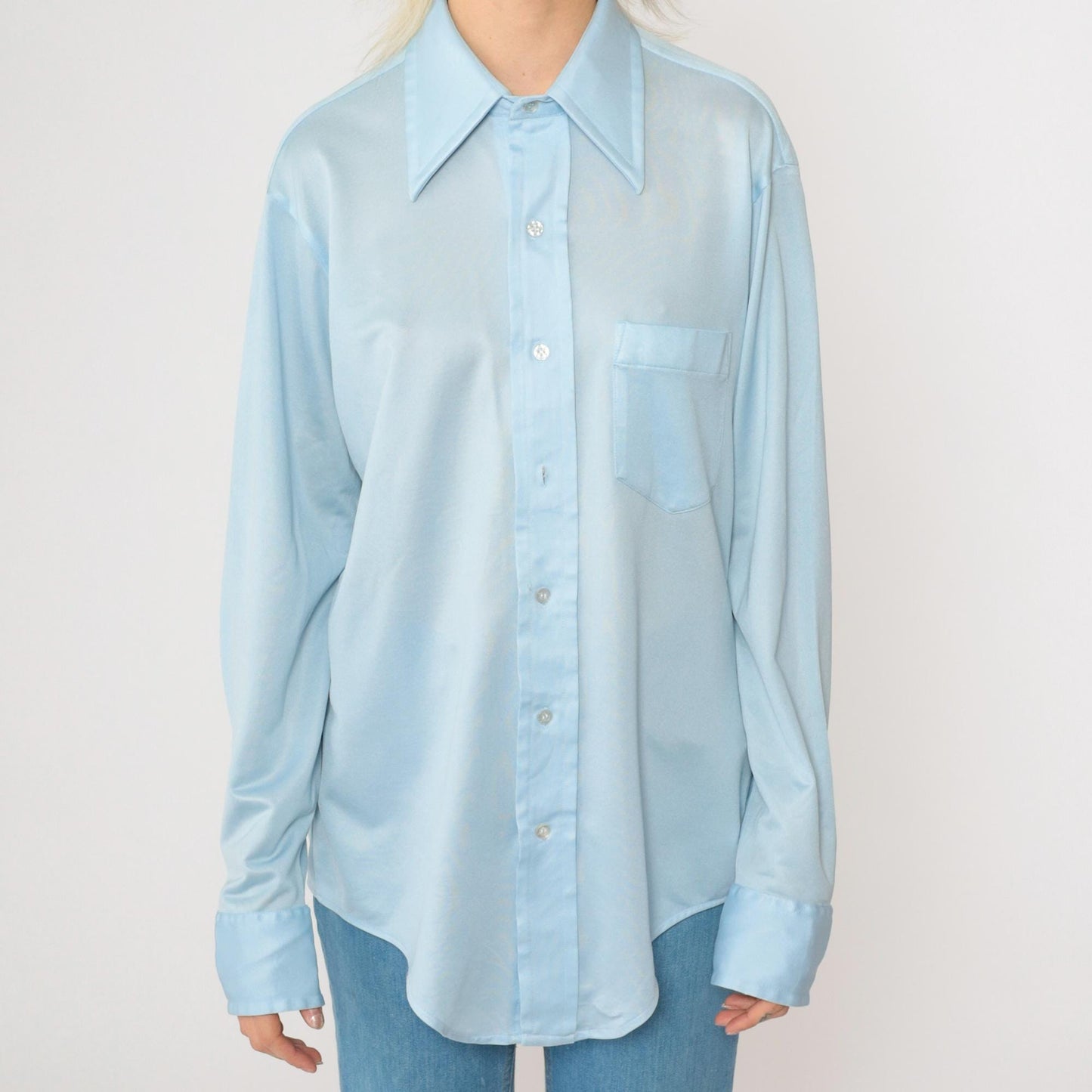 70s Baby Blue Dagger Collar Button-Up Shirt Disco Oxford Long Sleeve Medium
