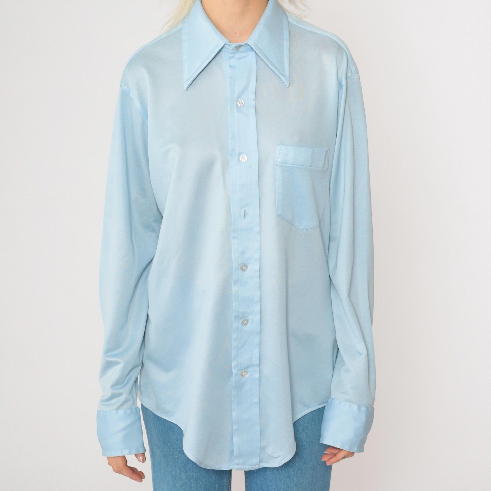 70s Baby Blue Dagger Collar Button-Up Shirt Disco Oxford Long Sleeve Medium