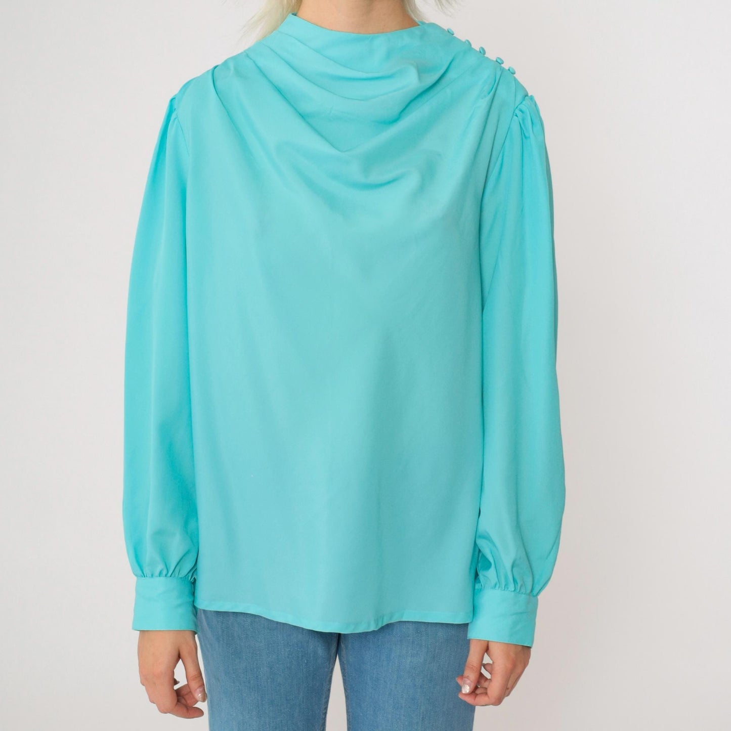 70s Diane Von Furstenberg Cowl Neck Blouse Aqua Blue Long Sleeve Medium