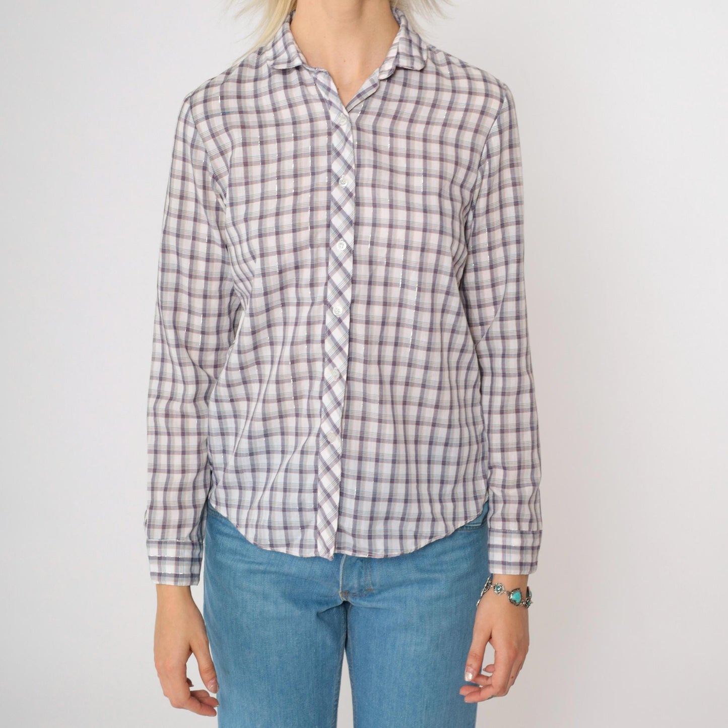 80s Metallic Plaid Button-Up Blouse Long Sleeve Shirt Extra Small XS