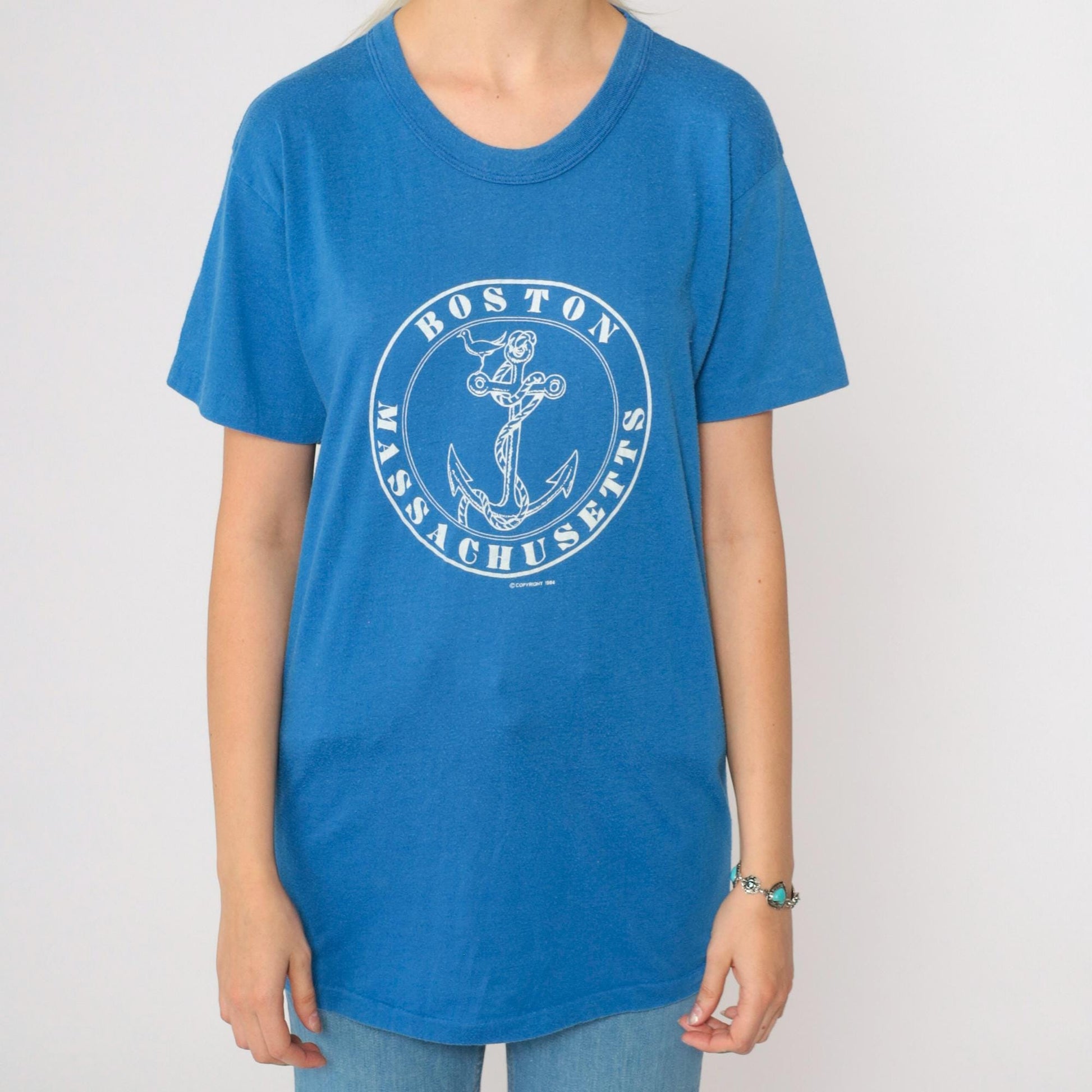 80s Boston Anchor Graphic T-Shirt Blue Single Stitch Tee Small