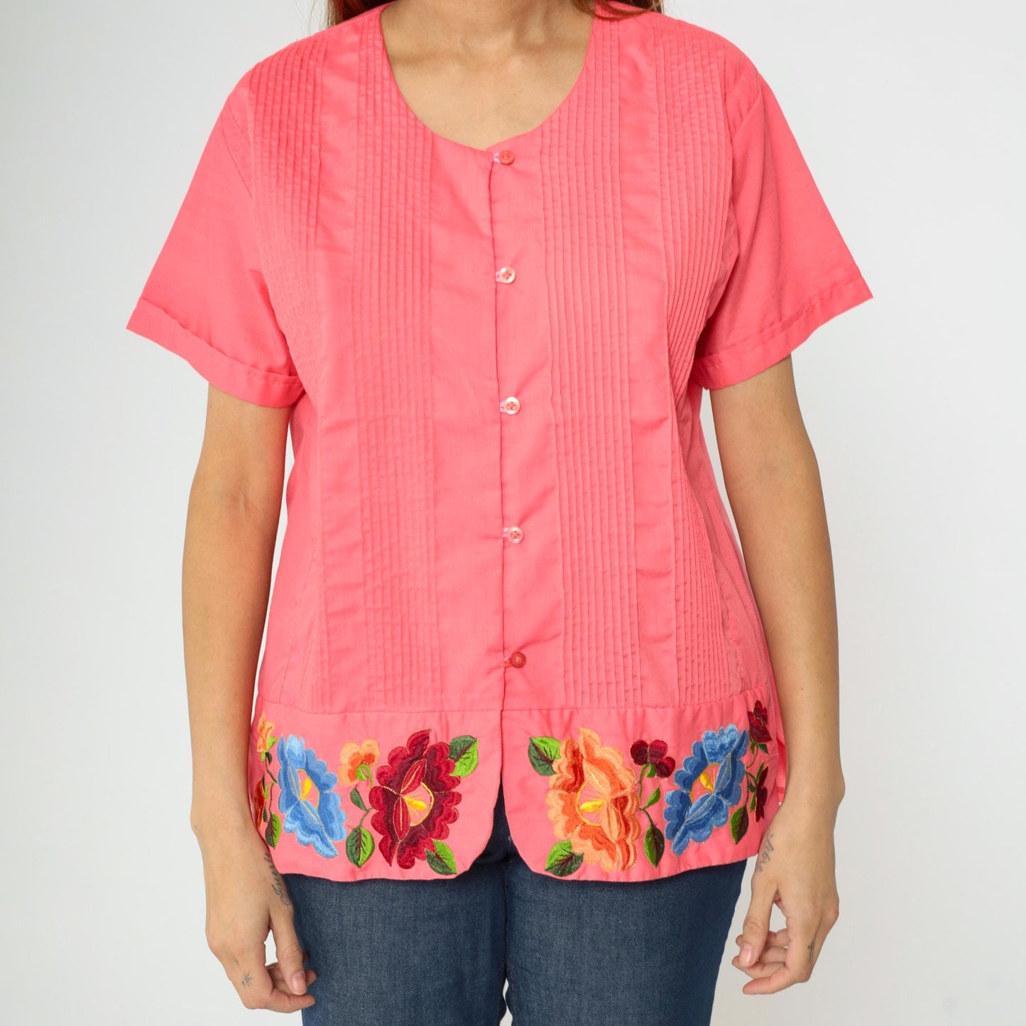 90s Pink Floral Embroidered Button-Up Blouse Pintuck Short Sleeve Medium