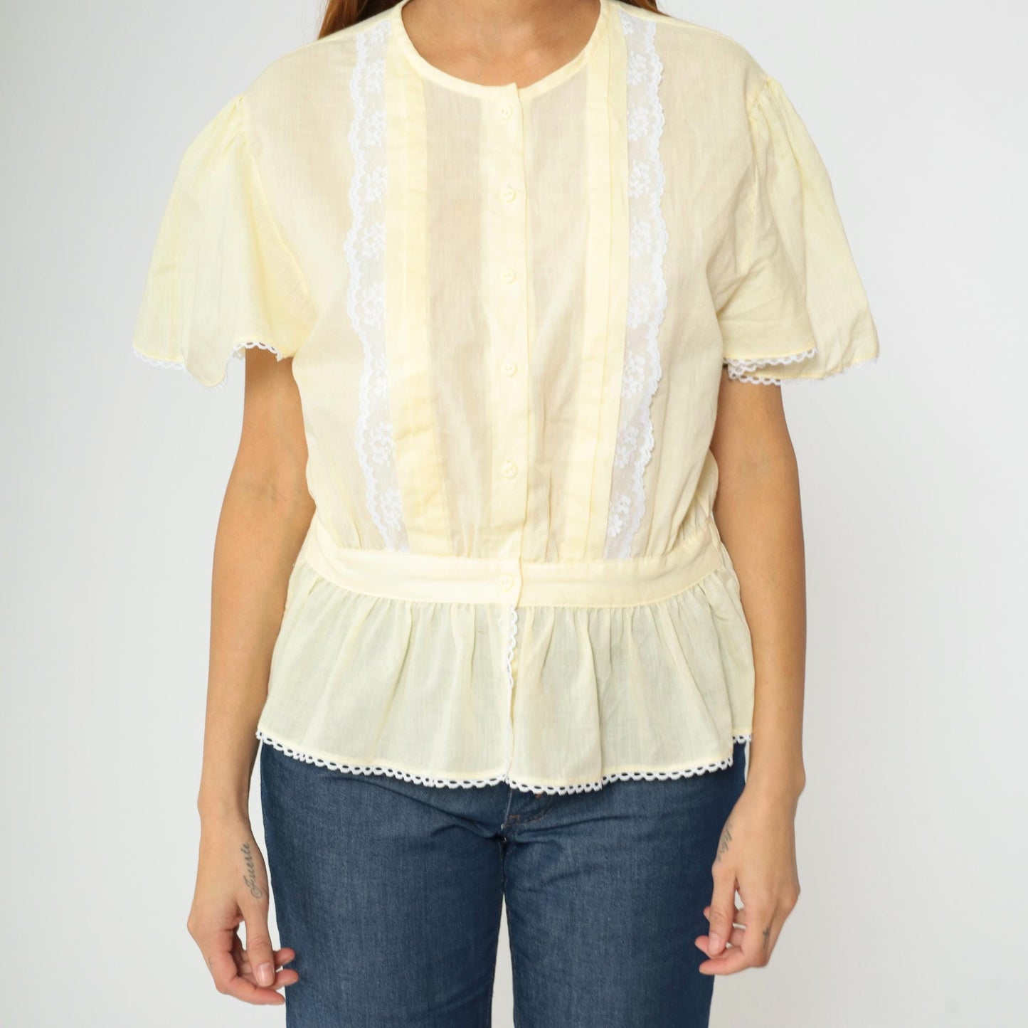 80s Pastel Yellow Puff Sleeve Blouse Lace Trim Peplum Button Up Medium