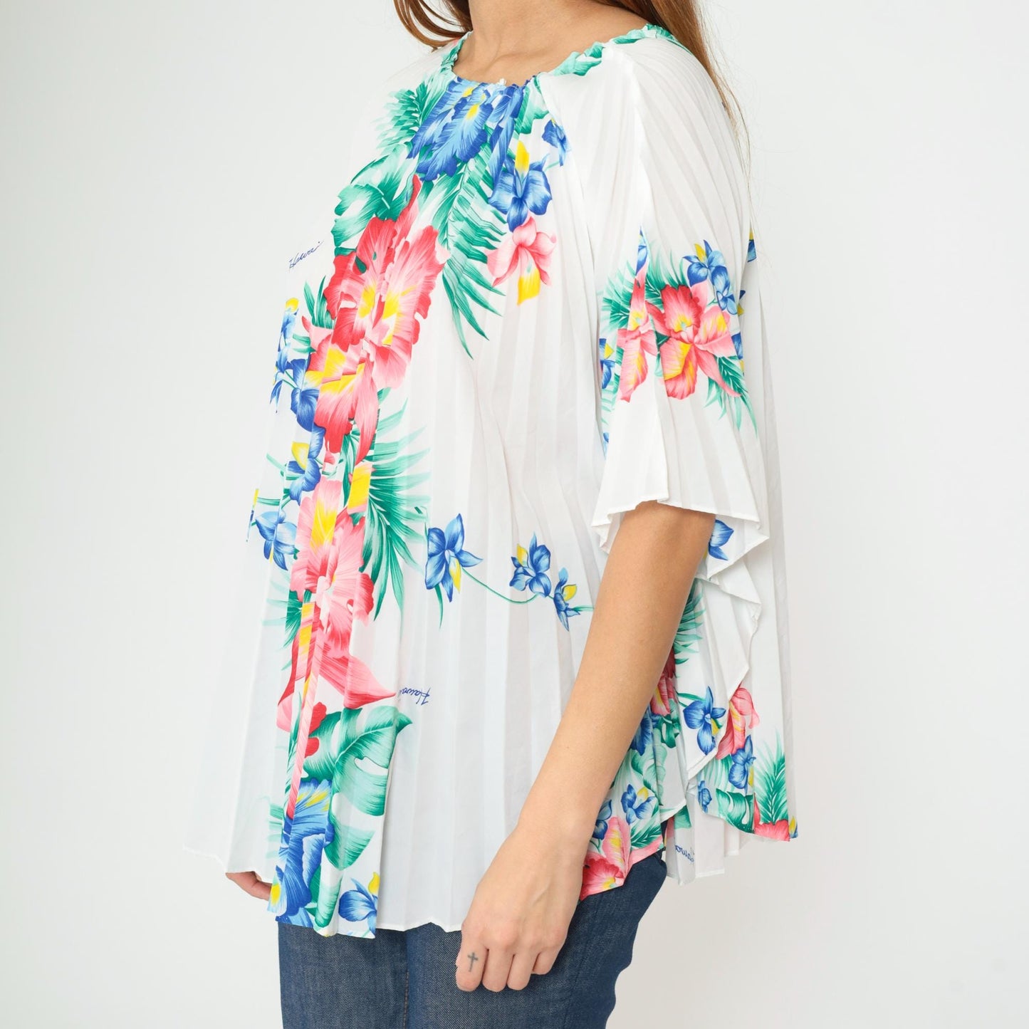 70s Royal Creations Hawaiian Caftan Top Floral Pleated Kimono One Size