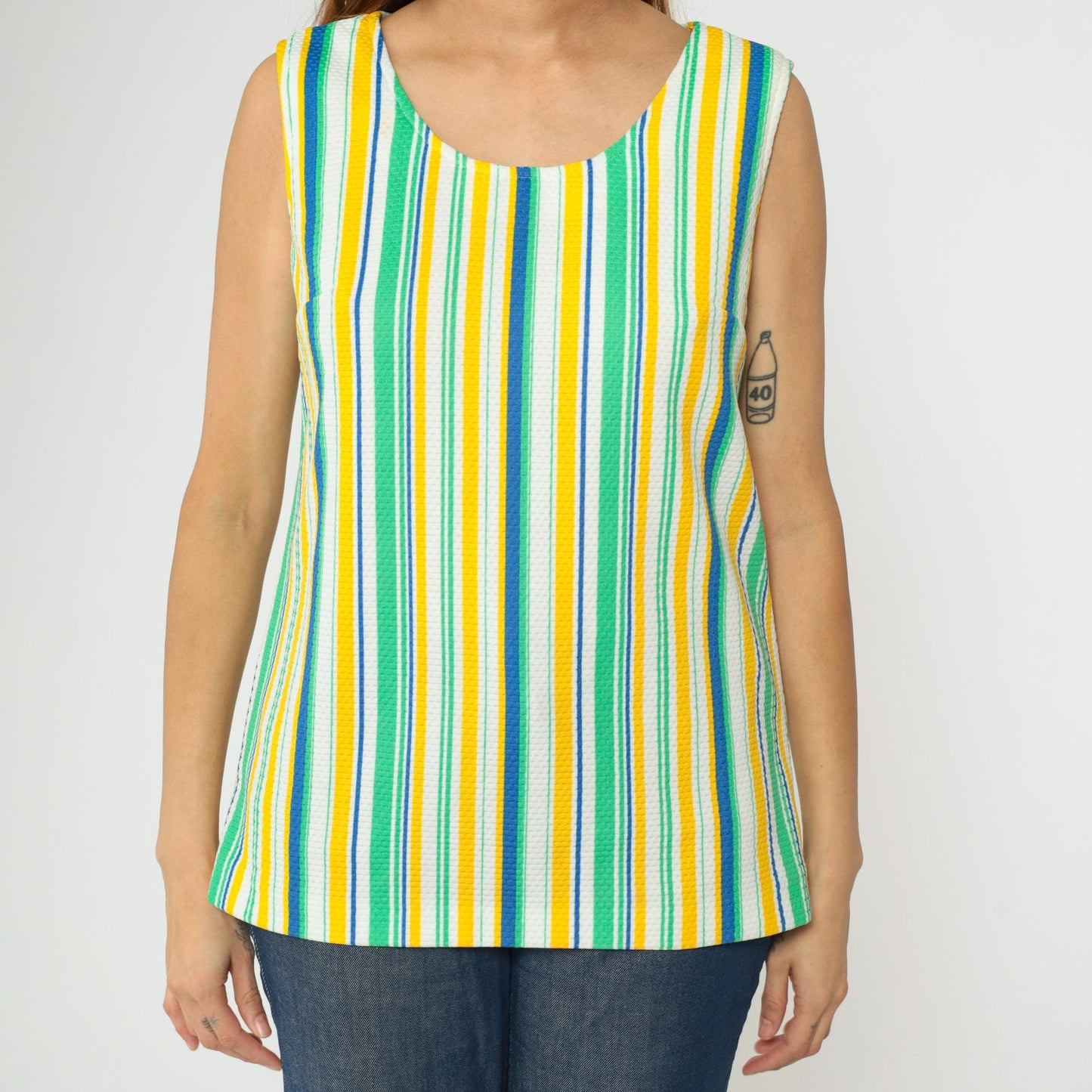 70s Striped Tank Top Scoop Neck Sleeveless Blouse Yellow Green Blue Small
