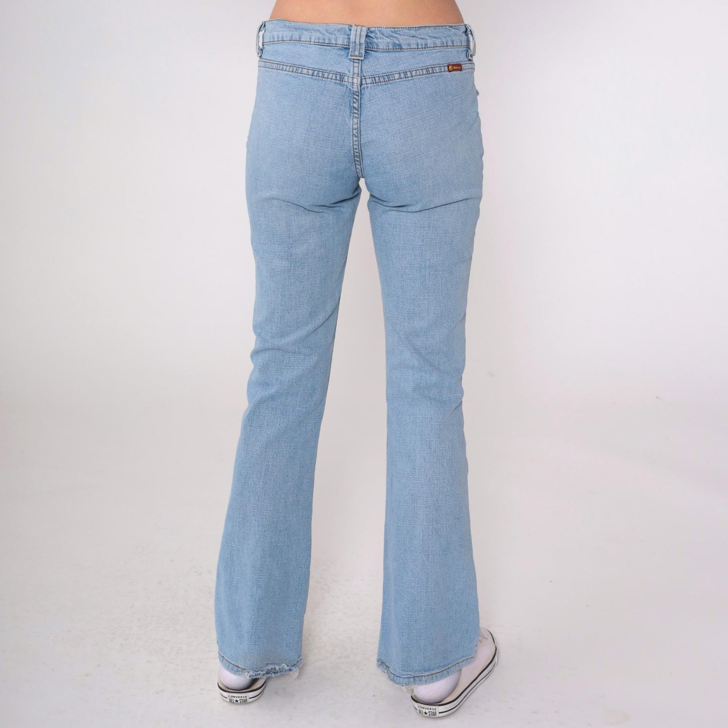 Y2K Low Rise Flared Jeans Blue Denim Patch Pocket 00s Bell Bottom Small 5