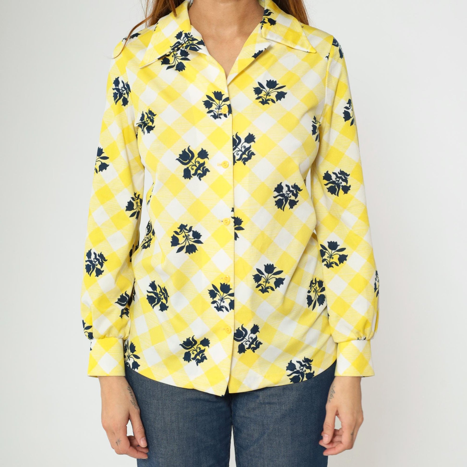70s Checkered Floral Yellow Button-Up Blouse Long Sleeve Collared Shirt Small