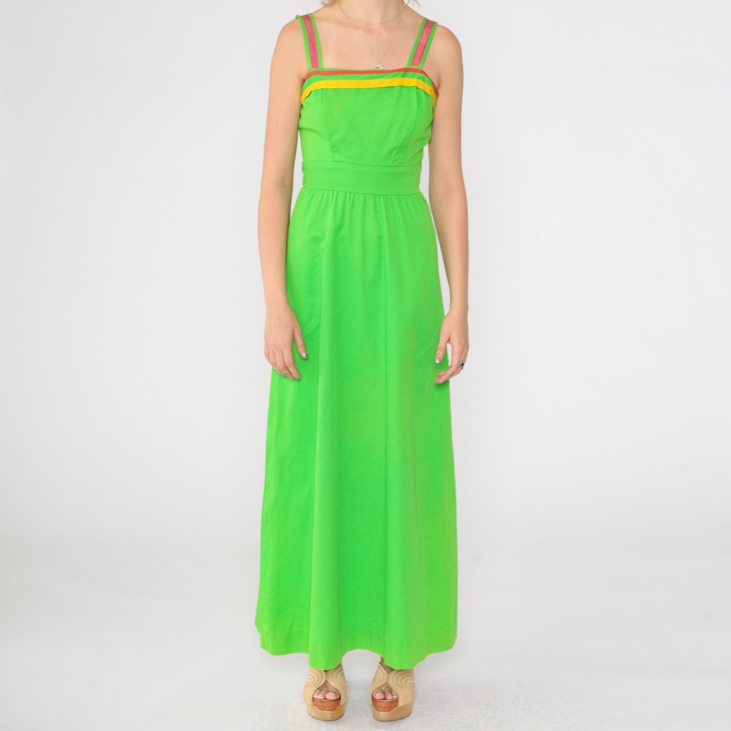 70s Bright Green Maxi Sundress Sleeveless High Waist Striped Trim Pockets XS