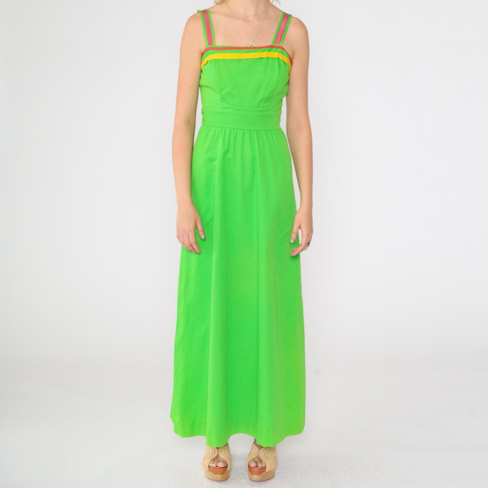 70s Bright Green Maxi Sundress Sleeveless High Waist Striped Trim Pockets XS
