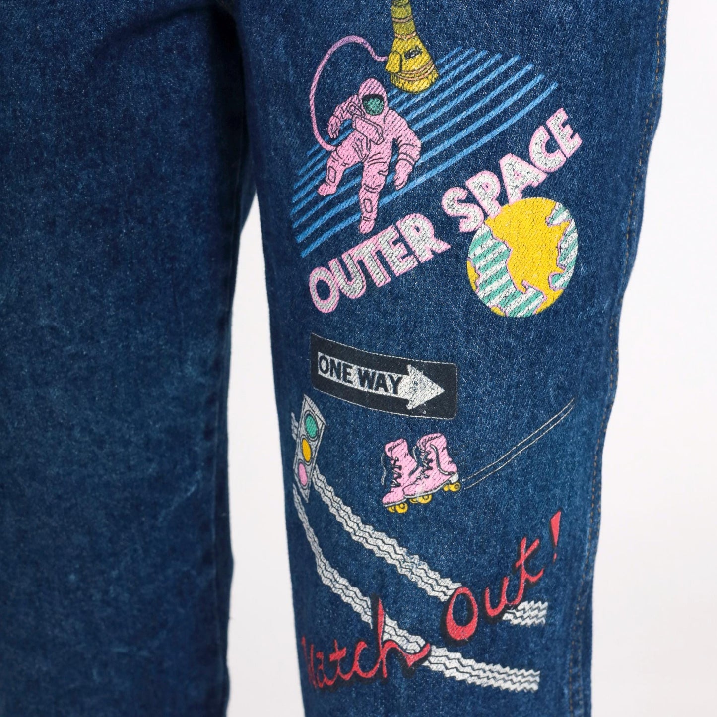 90s Astronaut Roller Skate Graphic High-Waist Jeans Dark Blue Denim Extra Small