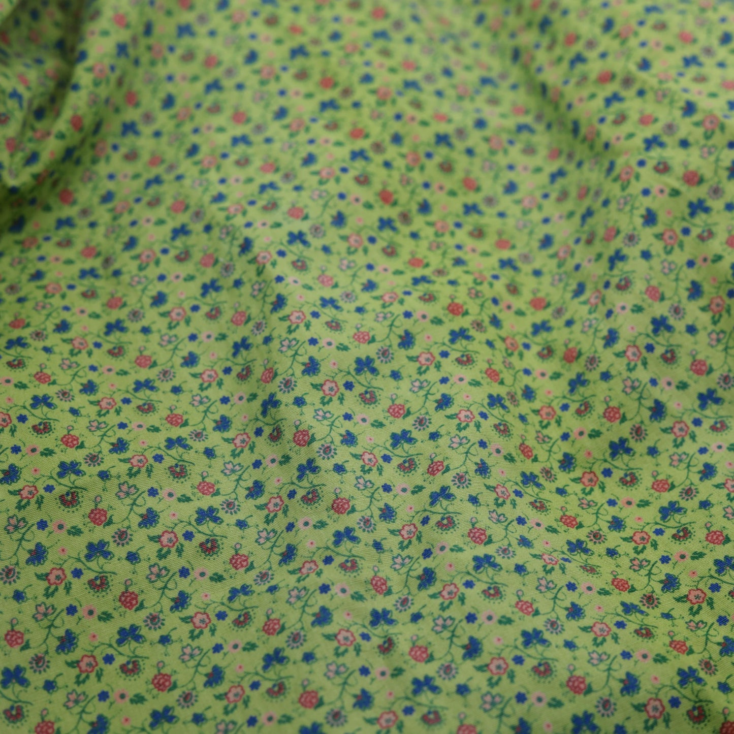 60s Mod Green Floral Calico Mini Shift Dress Empire Waist Ruffle Neckline Extra Small