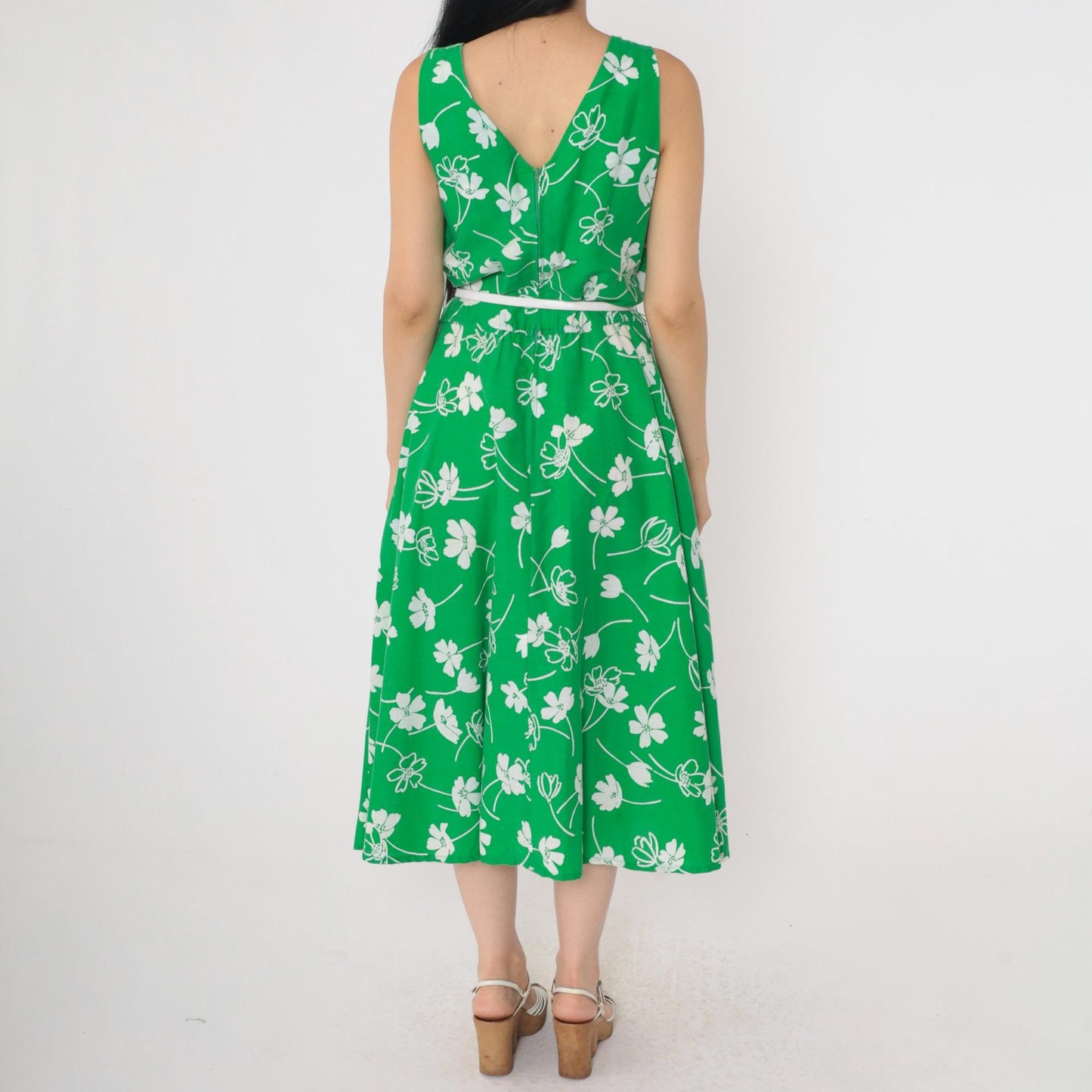 70s Green Floral Midi Wrap Dress Sleeveless High Waist White Belt Large