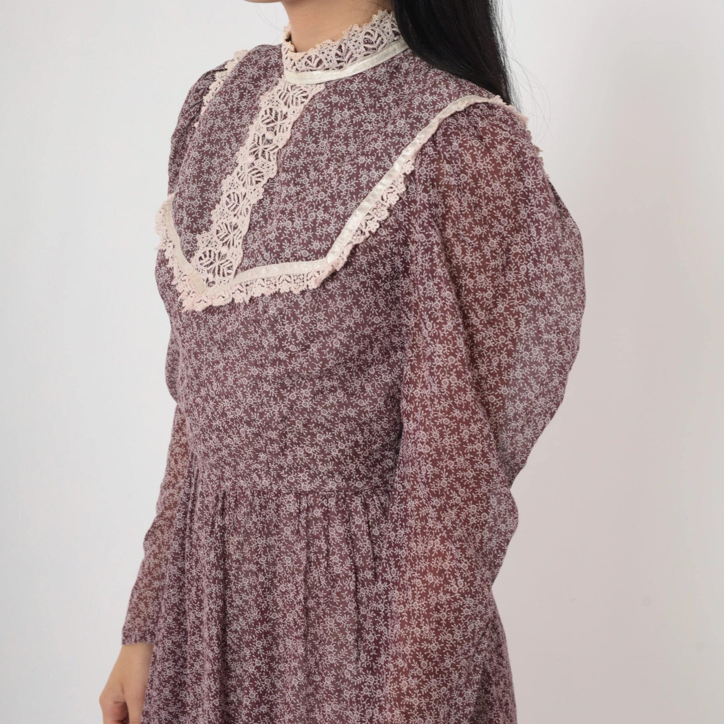 70s Gunne Sax Prairie Midi Dress Brown Floral Calico Lace Bib Puff Sleeve Extra Small