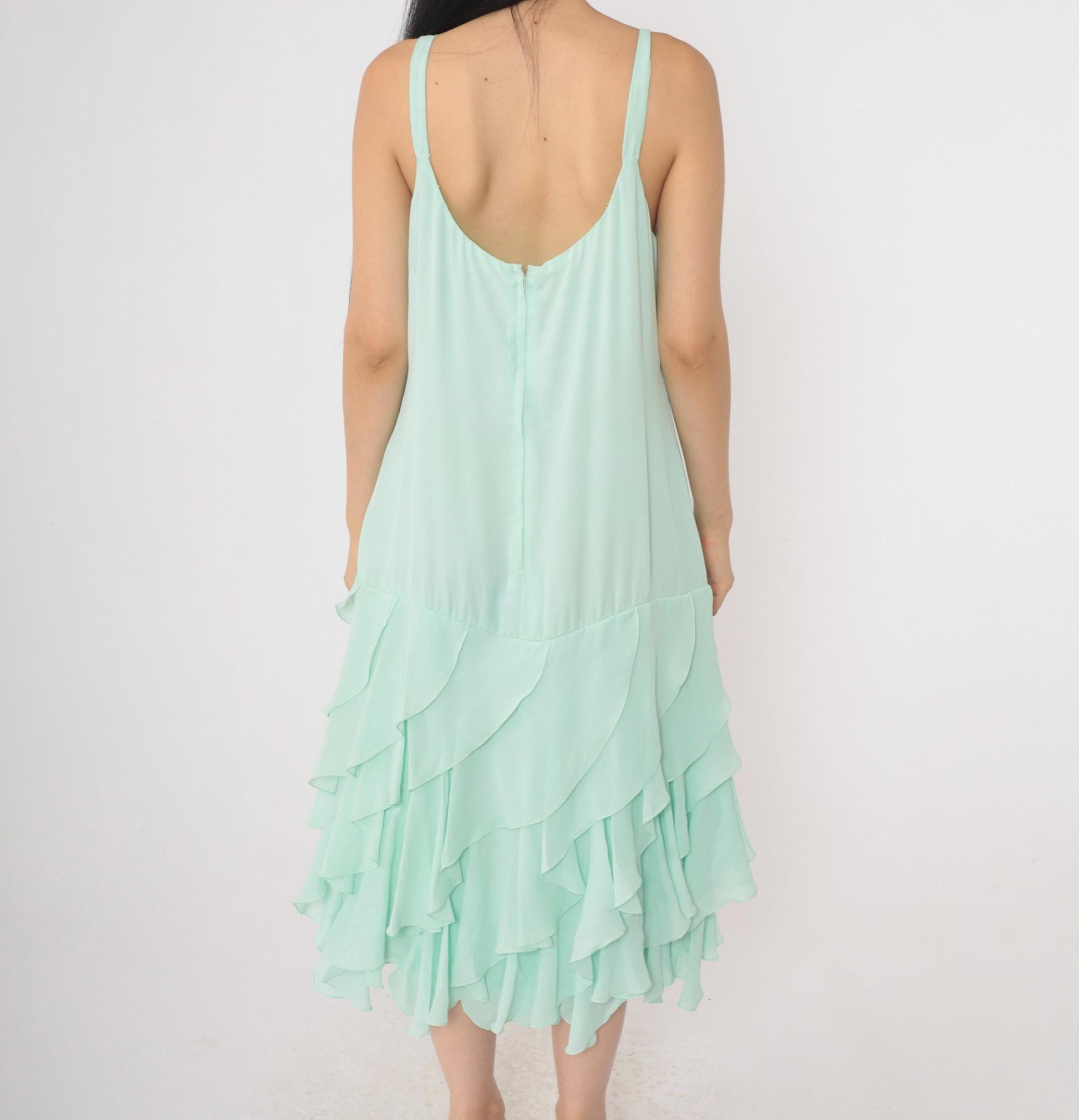 1970s Mint Green Midi Dress Spaghetti Straps Tiered Ruffle Hem Large