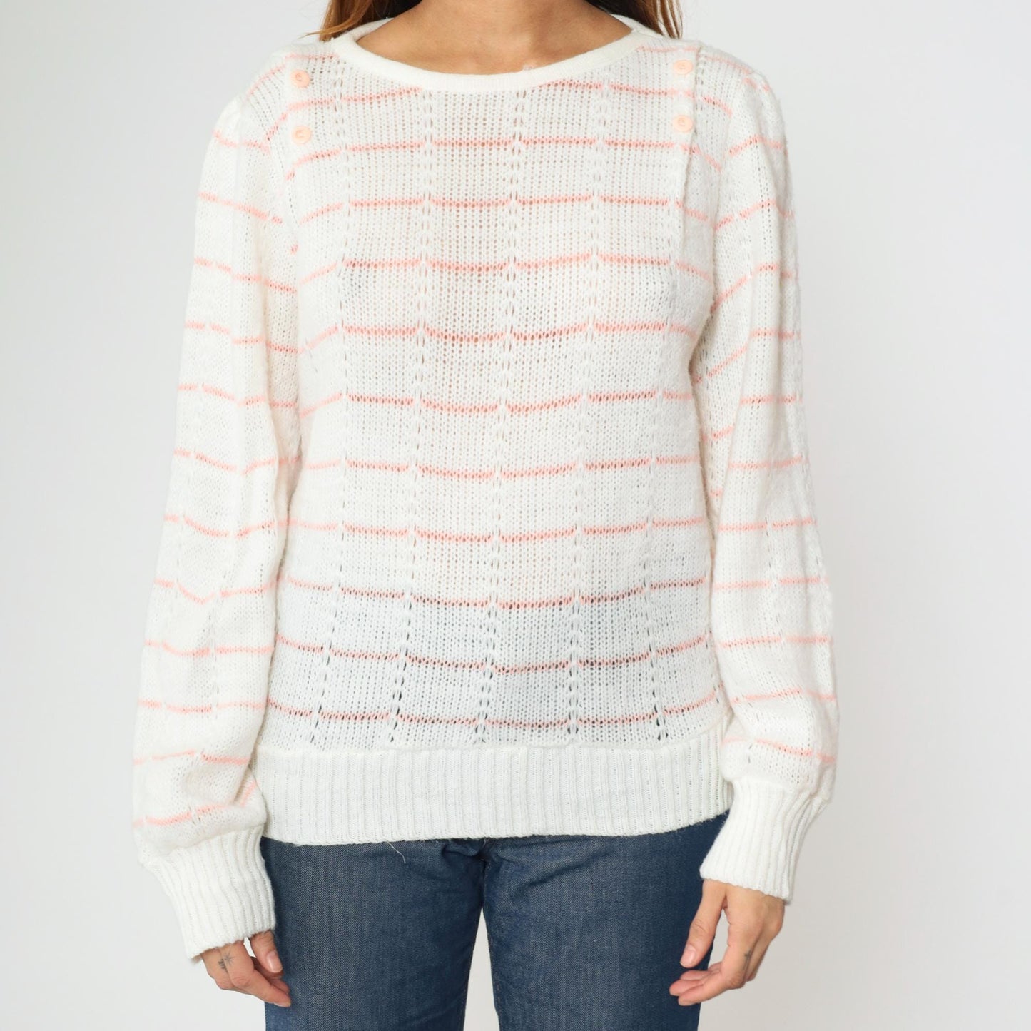 80s White Pink Striped Puff Sleeve Knit Sweater Boatneck Pullover Small Medium