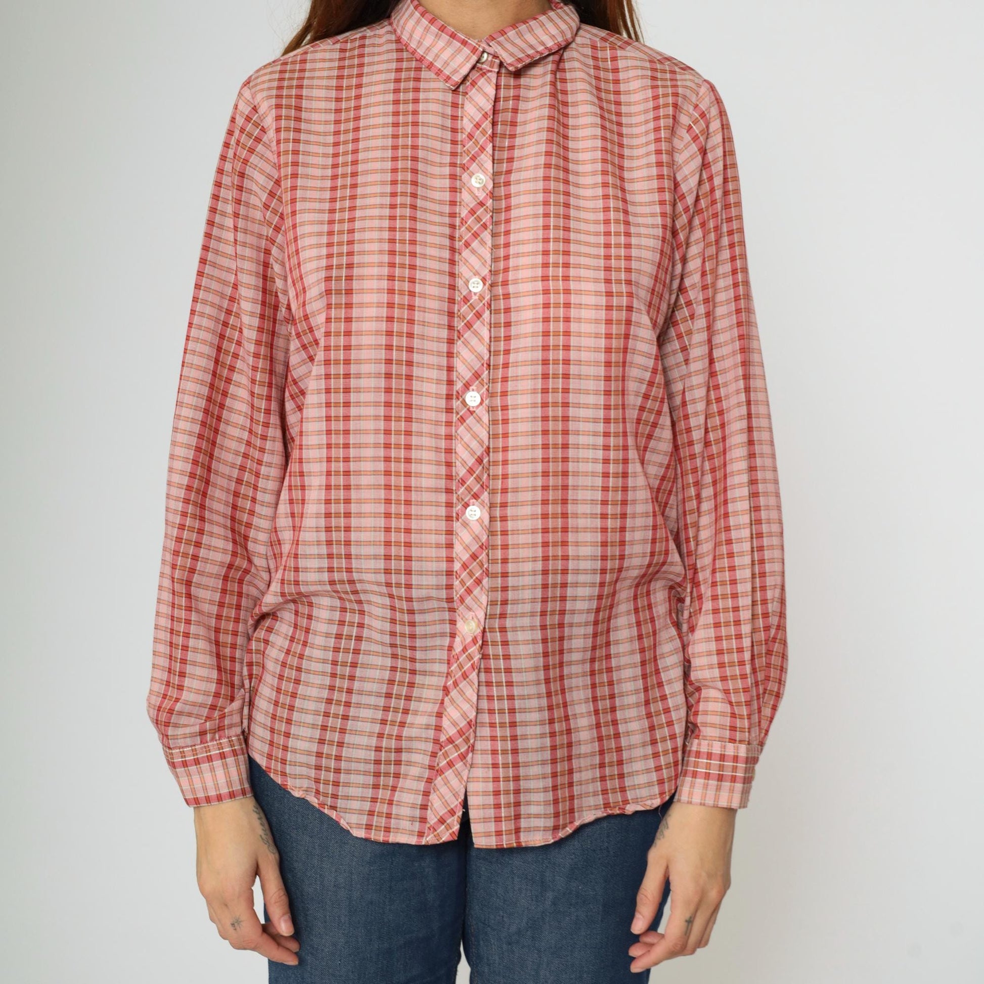 70s Pink Checkered Button-Up Blouse Long Sleeve Collar Sears Medium
